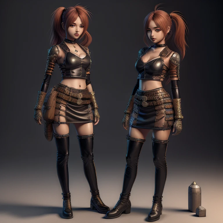 Fants Manga (Creature:0.5)|(Tiger:0.5) Design, Super Detailed, Random Color, Steampunk, and Punk Costume, Cute Girl, Mini Skirt, Shapely Bust, Anime Character, Cartoon, 3D Illustration Style, 3D Rendering , plain background,