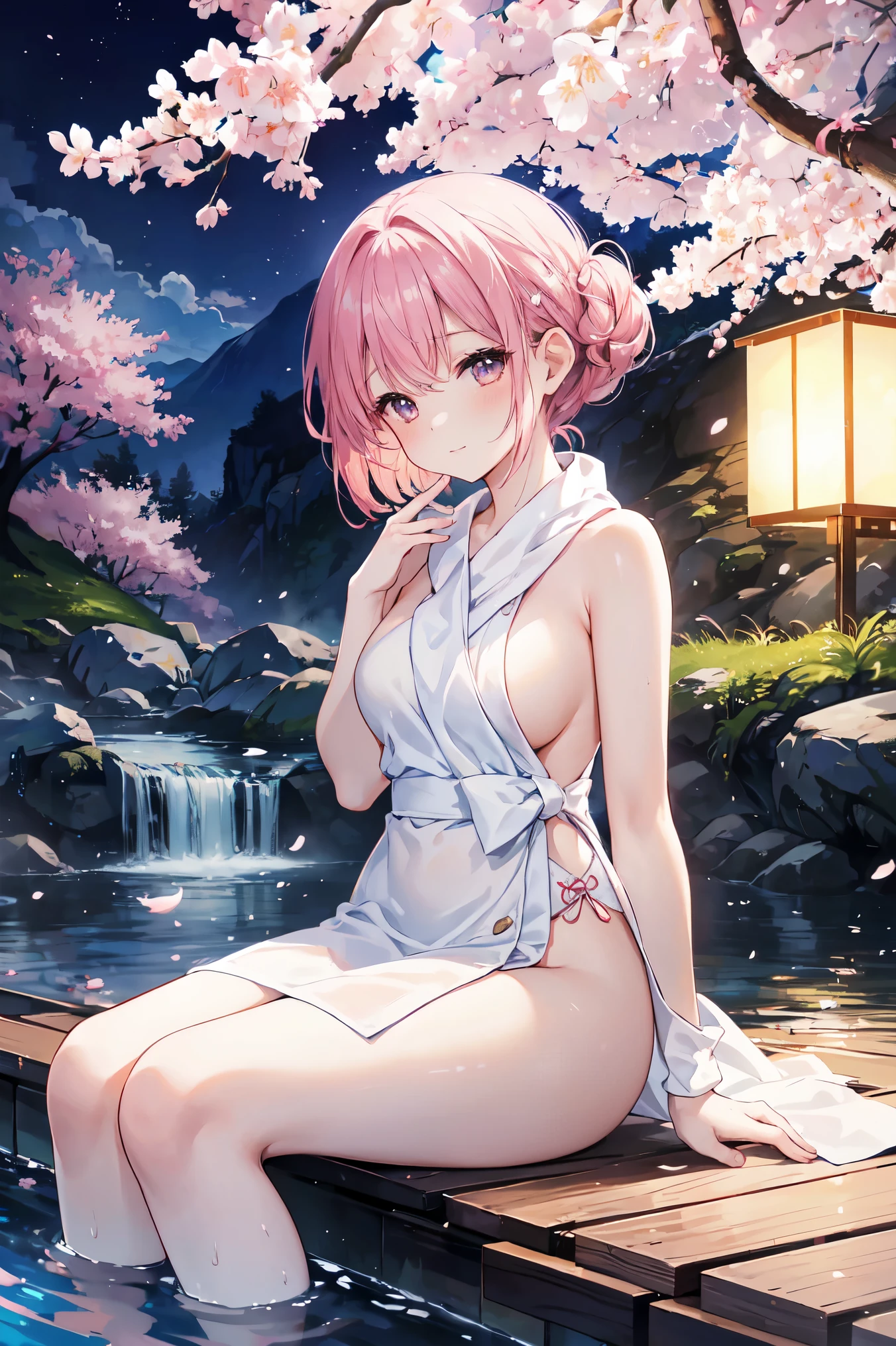 A woman relaxing in a hot spring,20generation,Looking up at the moon、cherry blossoms、cherry blossoms吹雪、Satisfied face,Put a towel over your hair,Beautiful light of inspiration,Elegant water flow,Calm atmosphere,Quiet and calm background