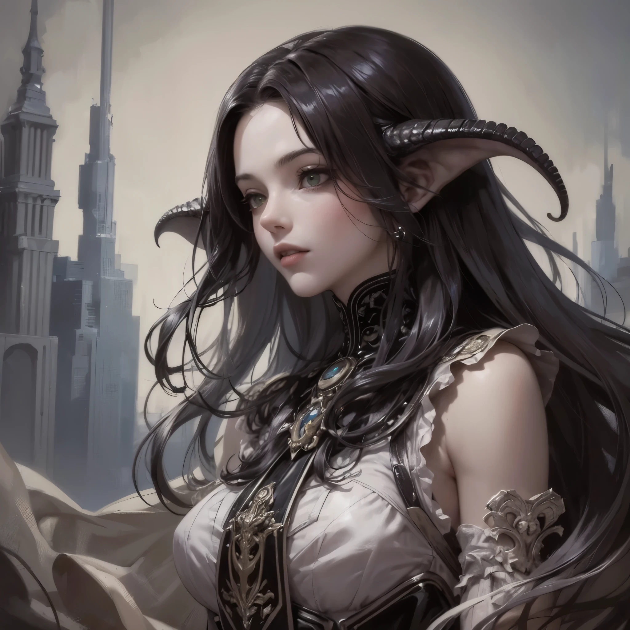 Elf girl naked,horns, horns on head, big tits , big ass, no clothes , covered in blood , sexy, sexy pose , interesting expression, in pain