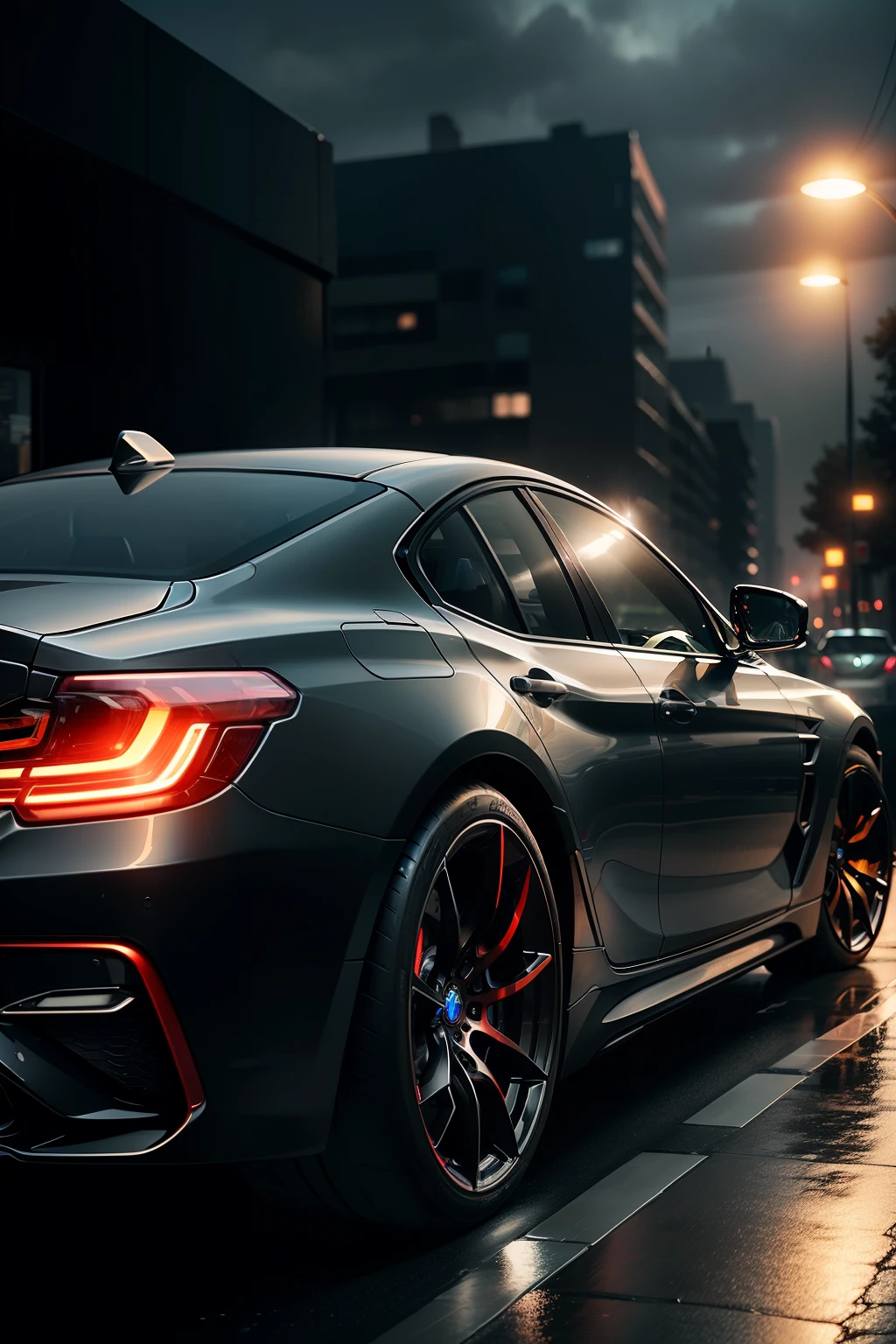 Create a captivating drawing of a sleek black BMW night scene. The midnight hour has arrived, the atmosphere is quiet, and the evening air is heavy with the scent of rain. The asphalt beneath the car's tires is slicked with droplets, refracting the dark rainwater, creating intricate patterns. Neon lights at the bottom of the car illuminate the pavement, casting an ethereal glow on the surroundings. The headlights emit an intense, burning red hue, cutting through the darkness, adding an air of mystery and allure. The realistic detailing on the car's surface, from the shiny grille to the reflective windows, and the slight sheen