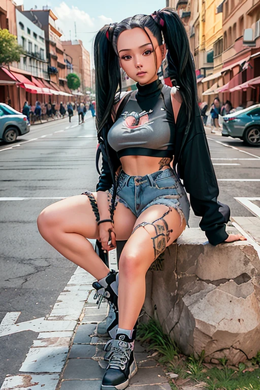 (masterpiece), best quality, expressive eyes, perfect face, (street background), (sitting), (smirk), (closeup view), (1girl, bella poarch, fair skin, black hair, twin pigtail hairstyle, brown eyes, hourglass figure, thin body, skinny body, petite_body, thick thighs, long fingernails, body tattoos, grey hood sweater, croptop, loose fit, black ripped denim pants, tennis shoes, miscellaneous jewelry)