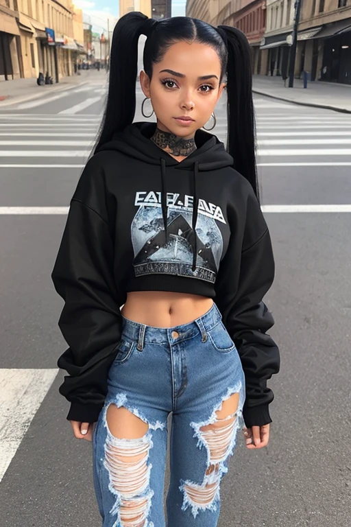 (masterpiece), best quality, expressive eyes, perfect face, (street background), (standing), (smirk), (closeup view), (1girl, bella poarch, fair skin, black hair, twin pigtail hairstyle, brown eyes, hourglass figure, thin body, skinny body, petite_body, thick thighs, long fingernails, body tattoos, grey hood sweater, croptop, loose fit, black ripped denim pants, tennis shoes, miscellaneous jewelry)