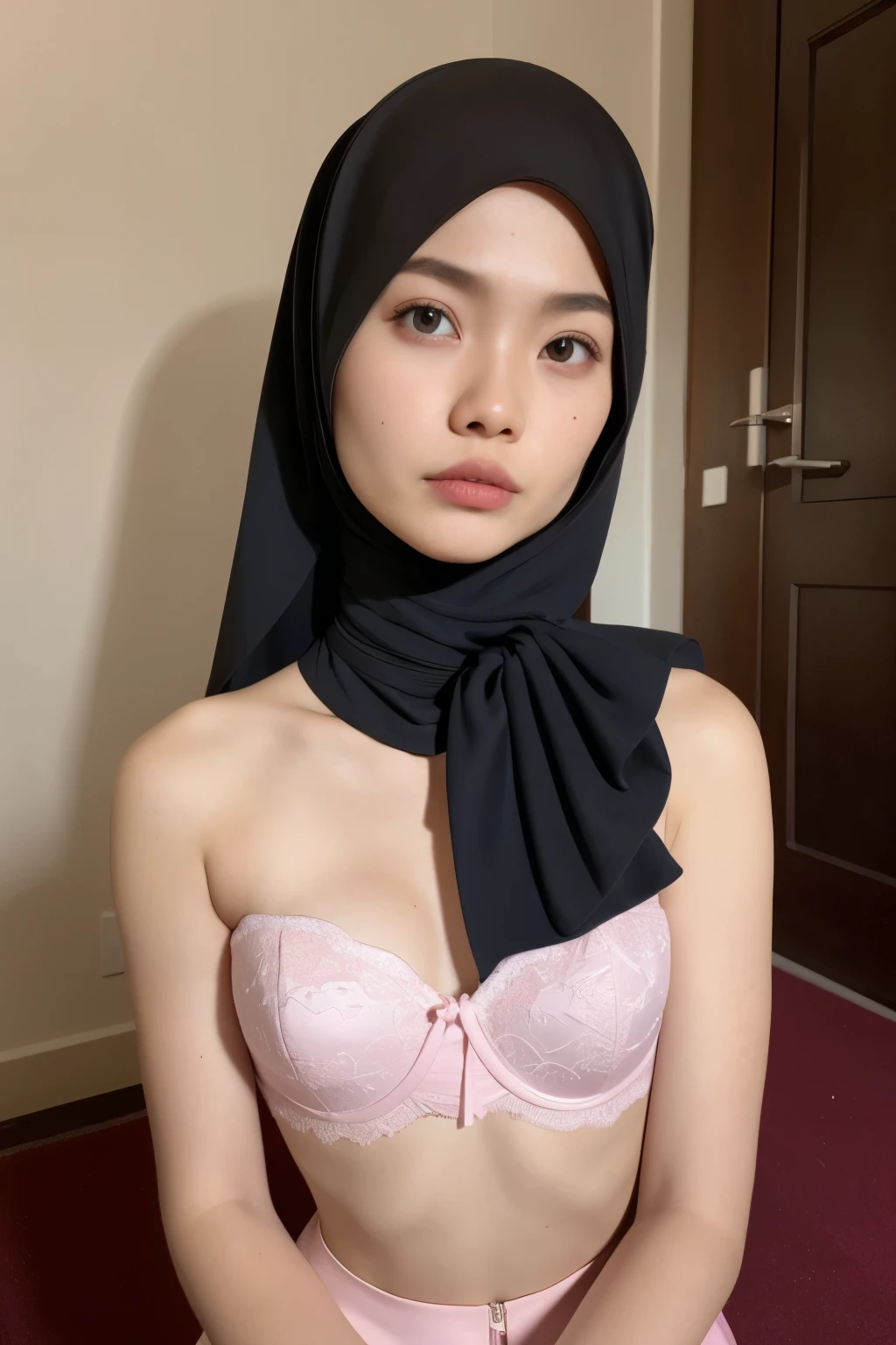 ((Strapless Colourful bra Flat Chest)), Naked, Angry pose, Angry face, (((HIJAB MALAY GIRL))), masutepiece, High quality, UHD 45K, Realistic face, Realistic skin feeling , A Japanese Lady, , , Very cute and baby-like face, (((FLAT CHEST))), (MATRIX WORLD), ((look In front  at the camera and SADNESS)), ((())), (((CUTE GIRL))), ((RED PASTEL LIPS)), ((SATIN LACE)), ((CHUBBY)), ((UNDRESS)). Brown, Flat Chest, Wearing G-String. Sitting