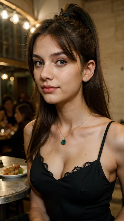 20 years old, Italian, girl, same face, cute face, slim body, night time, black dress with cleavage around the neck , at restaurant eating, aqua eyes, green eyes, brunette hair, pony tail, cute face, happy expression
