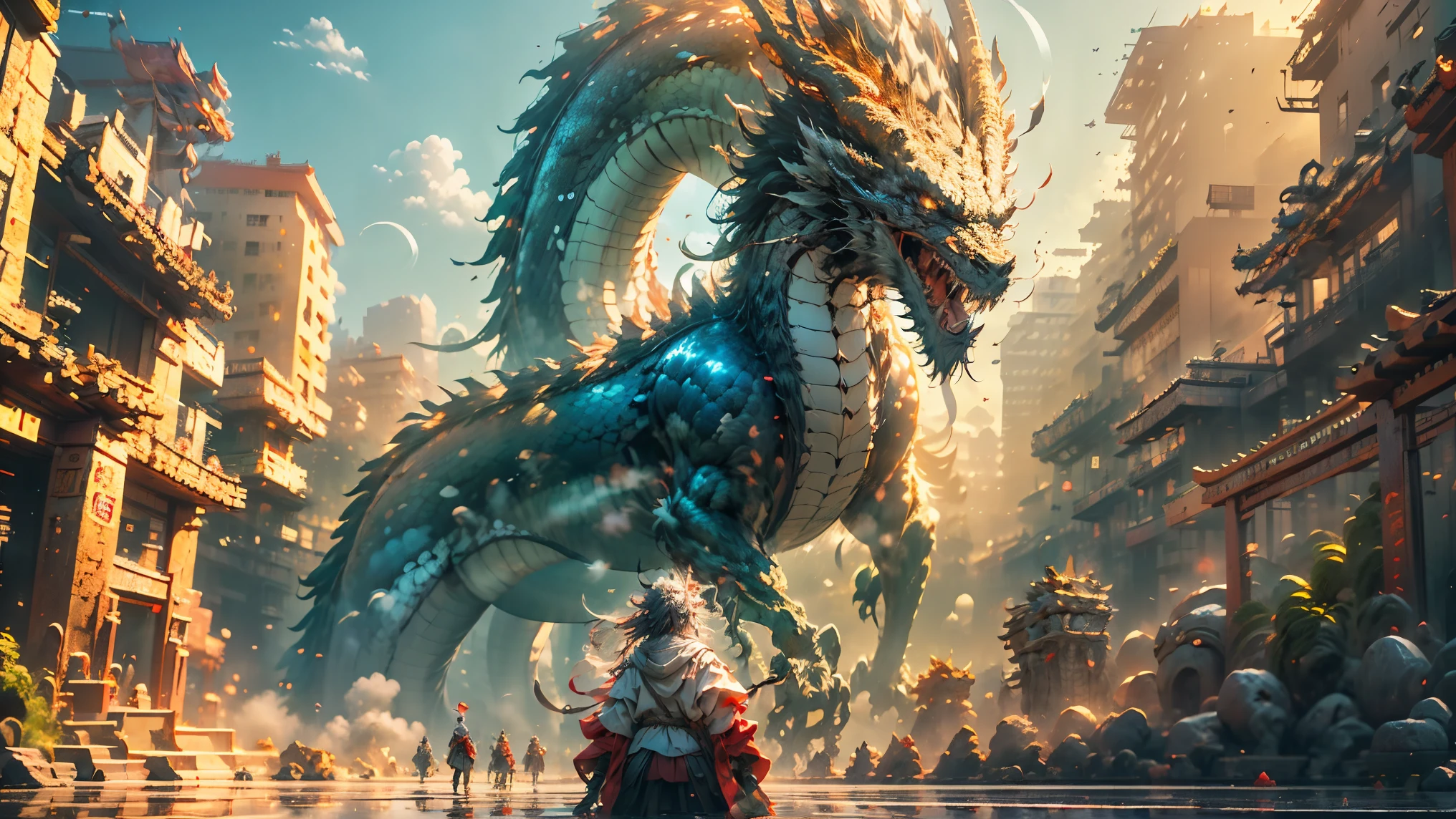The blue and red chinese dragon,(sasuke(boy) manipulates dragons:1.3),(The sasukel has her back to the camera:1.3),Sky clouds surround the surroundings,Light magic,Fantastic background,Meaning background,Ridiculous background,There are artistic overlayulticolored hair, surrealism, Cinematic lighting, Ray tracing, god light, speed-line, angle of view, hyper HD, Masterpiece, Best quality, Super detail, A high resolution, High quality,(Far view:1.3)