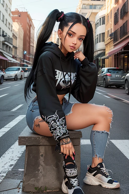 (masterpiece), best quality, expressive eyes, perfect face, (street background), (sitting), (smirk), (closeup view), (1girl, bella poarch, fair skin, black hair, twin pigtail hairstyle, brown eyes, hourglass figure, thin body, skinny body, petite_body, thick thighs, long fingernails, body tattoos, grey hood sweater, croptop, loose fit, black ripped denim pants, tennis shoes, miscellaneous jewelry)