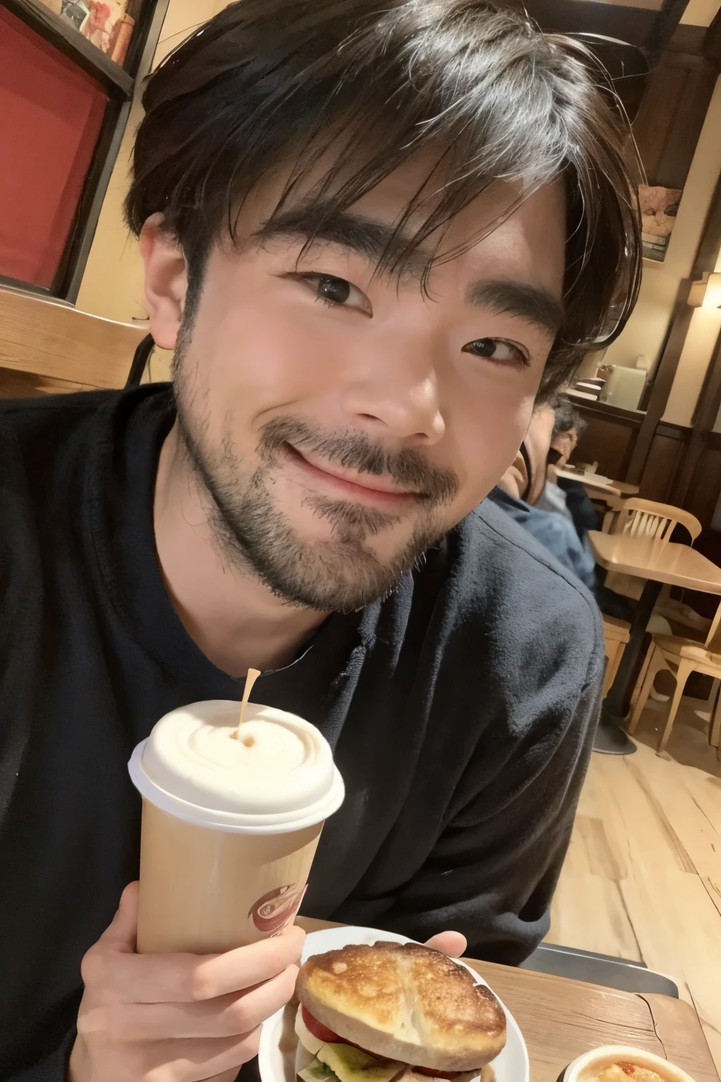 Generate a scene where a male model enjoys junk food。together、Warm atmosphere、Relaxed facial expression、Soft lighting and warm colours create a cosy feeling、Casual clothing、Smiling or satisfied facial expression、And incorporate a cozy cafe background.