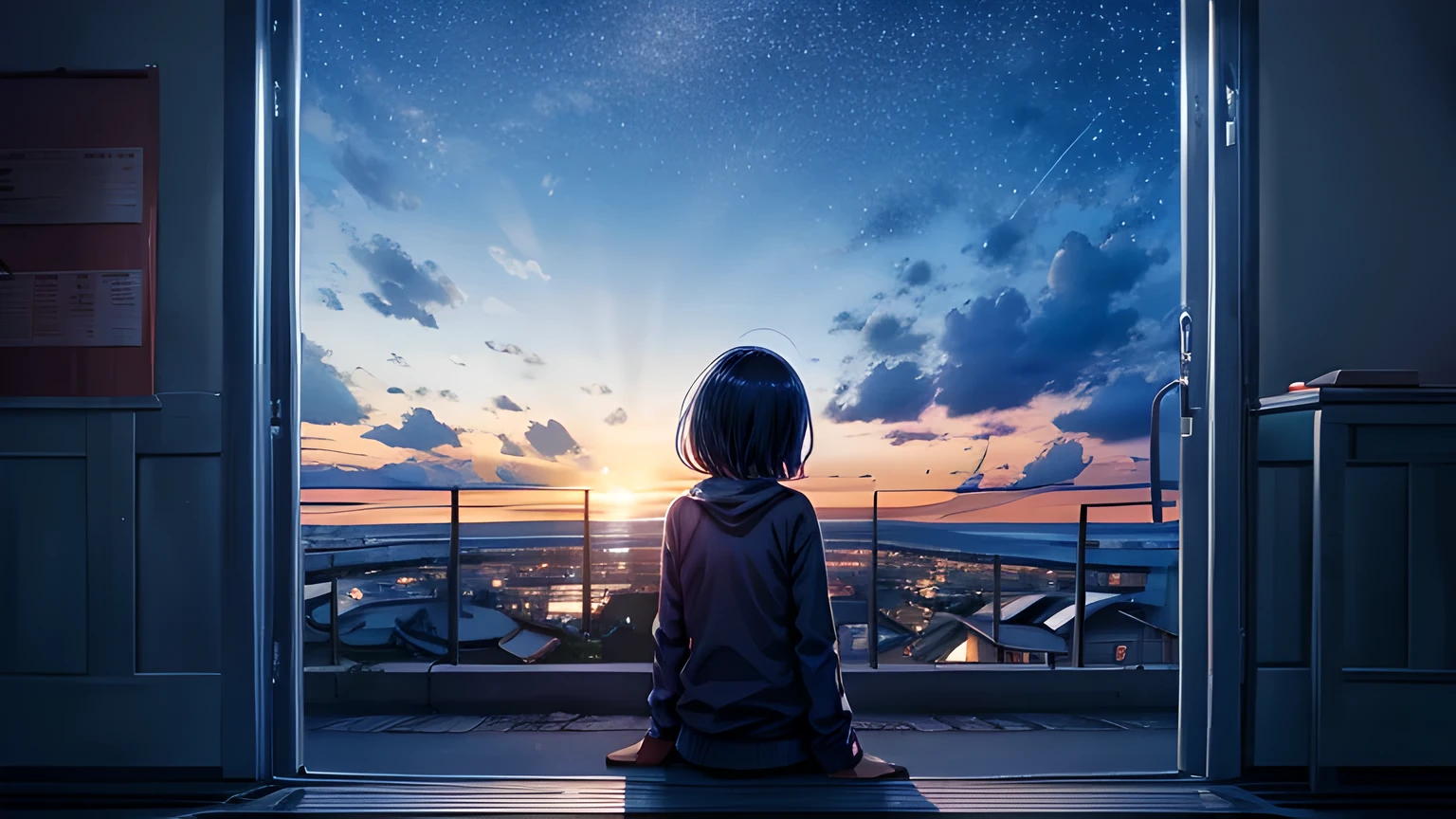 Octane, null, star (null), scenery, starry null, night, 1girl, night null, alone, Outdoor, sign, cloud, milky way, Sitting, wood, Short Hair, city, silhouette，masterpiece, highest quality, ,cloud, Light_particle, null room, null,water,girl,night