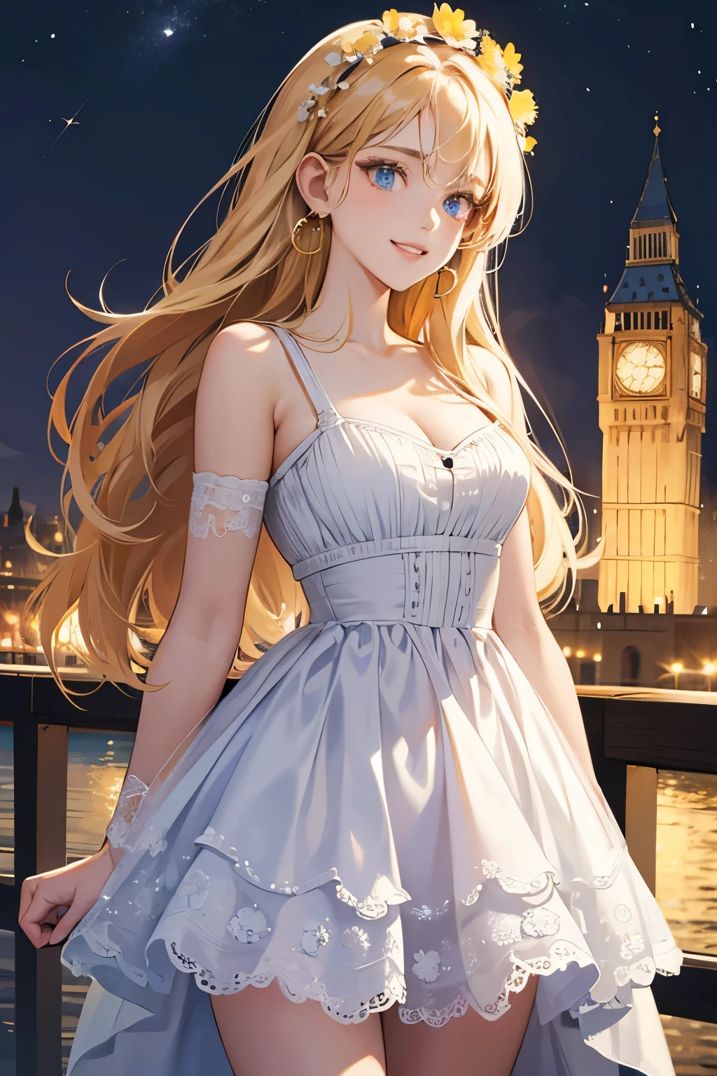 (absurdres, highres, ultra detailed),Masterpiece,intricate details,Best quality,8k,Realistic face,anime girl,Realistic skin texture,magnified textures, stunning clarity, ultra detailed eyes and faces,golden hair,long hair,so happy,toothy grin,flower head band,flower earrings,thin body type,white dress,cleavage,cowboy shot,outside,london town in 18th century,(from front),look at viewer,confident pose,night
