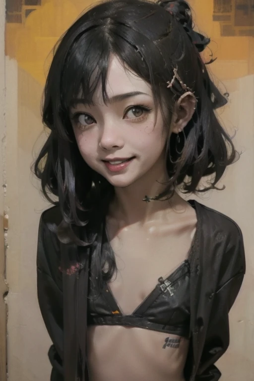(Browsing Caution)((Hardcore Punk Girl))、((British punk rock girl)), ((Circus)), ((play the guitar)),Manga style, Horror elements, Comic style illustration, (drawing style), Japanese painting, whole body (spooky), Japan sculpture, primitive art, Circus, crazy illustration, Flat Illustration, Blissful smile, spookyな外観, Distinctive messy hairstyle, punk band poster、Very small eyes