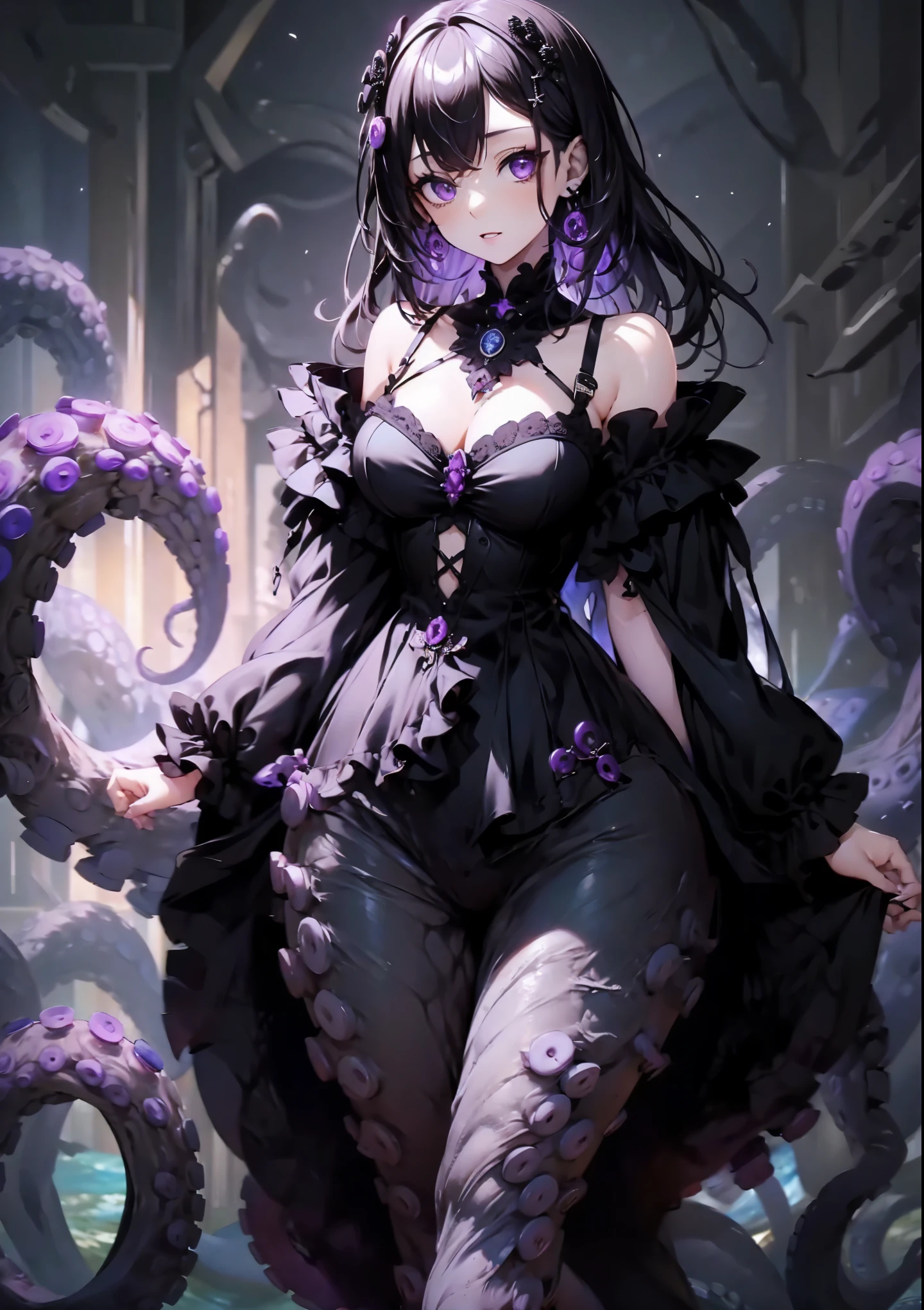 A girl whose lower body is a kraken. Scylla She's wearing a gothic dress. Her image colors are black and purple. jewelry accessories.