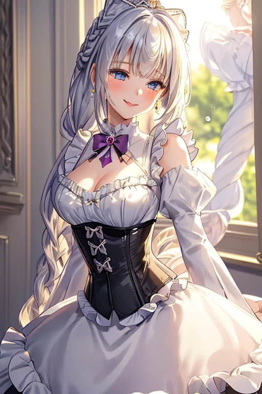 ((masterpiece 1.8)),ultra-detailed, 8K, High resolution, best quality, (stunning cg), ((1girl)), ((solo)), from front, looking at viewer, close up, ((very beautiful and cute girl)), ((ars old graceful girl)), (silver hair), (super long hair), ((fine detailed blue eyes)), 
((small bast)), ((bangs:1.2)), ((french braid:1.2)), ((slender:1.8)), jewelry, earrings, parted lips,  corset dress, high collar, bow, ((frilled sleeves:1.4)), ((tired layers skirt)), cascade ruffles, lots of ruffles, lace ruffles, (graceful smile:1.8), (goddess-like happiness:1.6), (best shadow:1.3),
(soft shadow:1.1),
(beautiful shadow:1.3),
(beautiful reflection:1.3),
(Prismatic light),
(sparkling light),
(beautiful light),
(fantastical light),
(prismatic reflection),
(soft reflection:1.3),
(natural reflection:1.2),
(blurry tone), 
(sense of depth:1.5), 