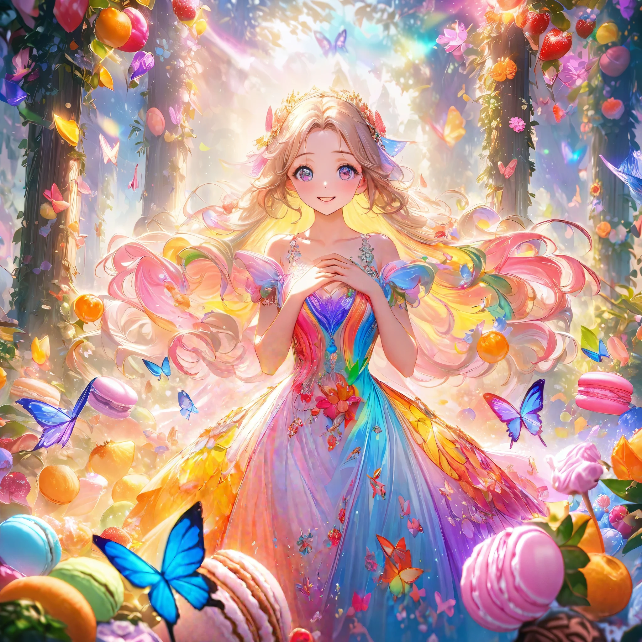 (bollywood actress:1.1,nubile:1.1,25 years old), frolicking in a dreamy meadow made of (delicious,scrumptious:0.9) food and candy, surrounded by vibrant flowers and (colorful,flavorful) fruits. She is dressed in a (glamorous,ethereal) flowing gown, with (intricate,beautiful) embroidery and (sparkling,shimmering) embellishments. Her (expressive mesmerizing) eyes shine with (excitement,joy), and her (delicate pink) lips are curved into a (captivating enchanting) smile. The meadow is filled with (luscious aromatic) desserts, such as (cakes,macarons,pastries) and (chocolate strawberries,marshmallows). (Butterflies,colorful butterflies) flutter around her, creating a (magical playfully) atmosphere. Soft sunlight (filters through,dances upon) the trees, casting a warm glow on the scene. The air is filled with the intoxicating scent of (sweet candy,fresh fruits), and the sound of laughter and happiness fills the air. The entire scene exudes a sense of (whimsical, fairy-tale) beauty and (carefree joy). The artwork should have (best quality,4k,highres:1.2), (vibrant colors,vivid hues), and (soft ethereal lighting, gentle luminosity).