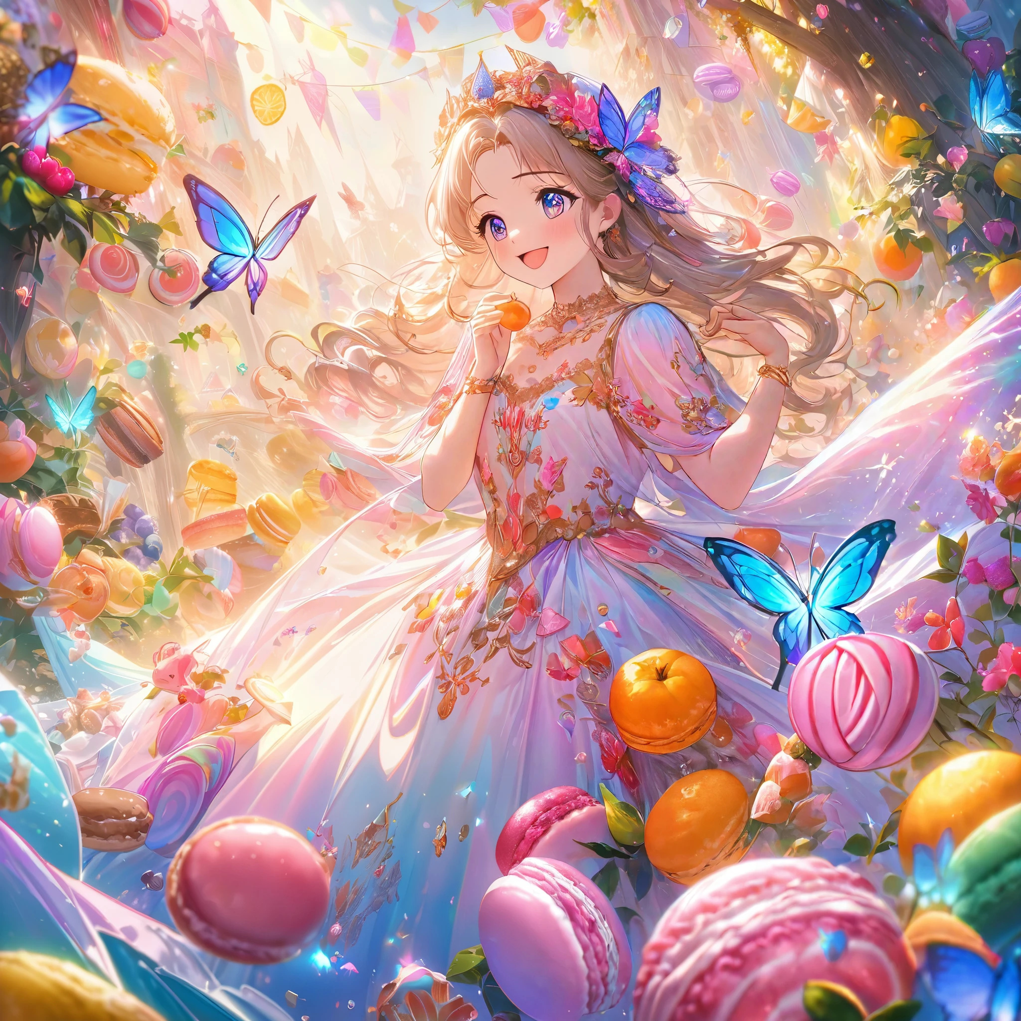 (bollywood actress:1.1,nubile:1.1,25 years old), frolicking in a dreamy meadow made of (delicious,scrumptious:0.9) food and candy, surrounded by vibrant flowers and (colorful,flavorful) fruits. She is dressed in a (glamorous,ethereal) flowing gown, with (intricate,beautiful) embroidery and (sparkling,shimmering) embellishments. Her (expressive mesmerizing) eyes shine with (excitement,joy), and her (delicate pink) lips are curved into a (captivating enchanting) smile. The meadow is filled with (luscious aromatic) desserts, such as (cakes,macarons,pastries) and (chocolate strawberries,marshmallows). (Butterflies,colorful butterflies) flutter around her, creating a (magical playfully) atmosphere. Soft sunlight (filters through,dances upon) the trees, casting a warm glow on the scene. The air is filled with the intoxicating scent of (sweet candy,fresh fruits), and the sound of laughter and happiness fills the air. The entire scene exudes a sense of (whimsical, fairy-tale) beauty and (carefree joy). The artwork should have (best quality,4k,highres:1.2), (vibrant colors,vivid hues), and (soft ethereal lighting, gentle luminosity).