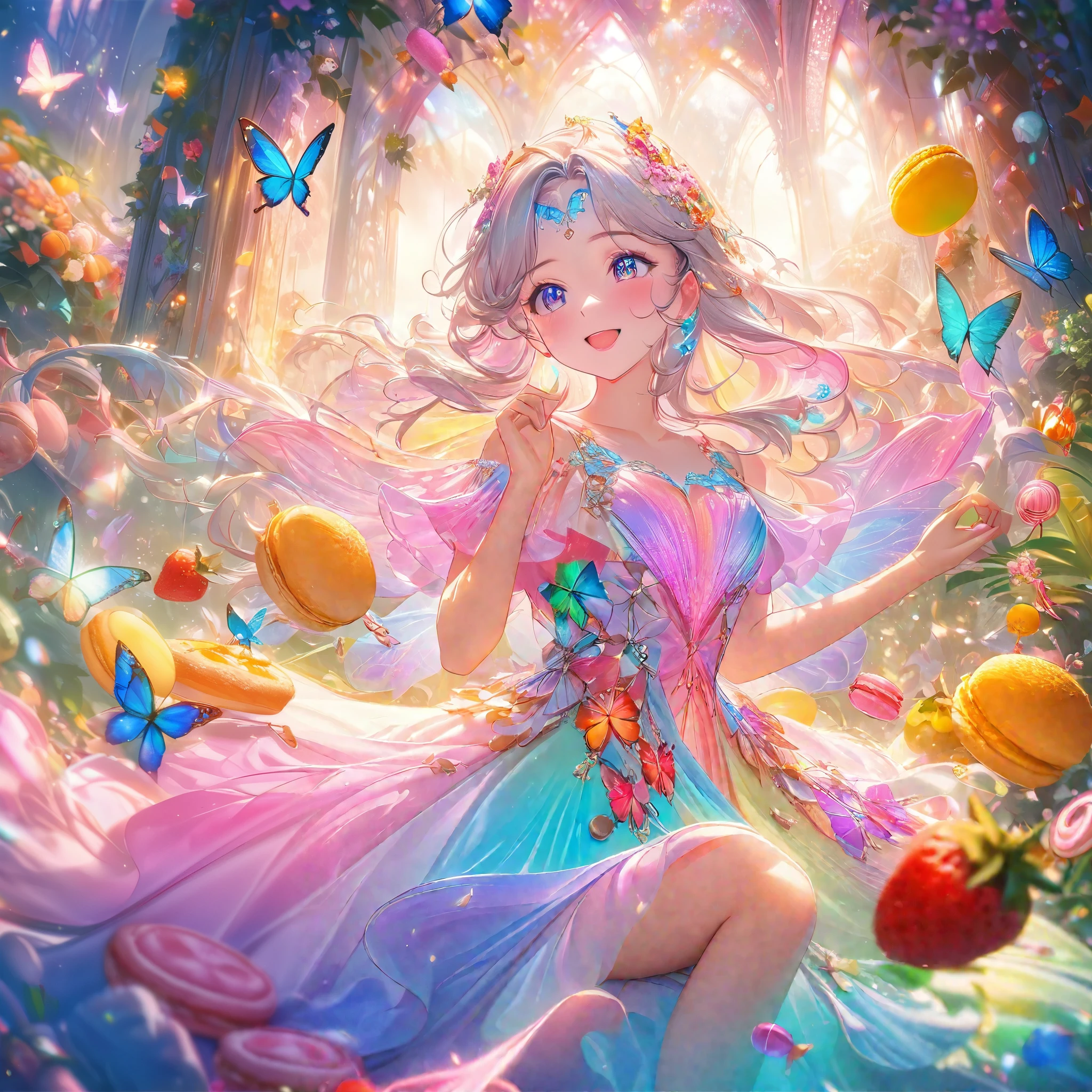 (bollywood actress:1.1,nubile:1.1,25 years old), frolicking in a dreamy meadow made of (delicious,scrumptious:0.9) food and candy, surrounded by vibrant flowers and (colorful,flavorful) fruits. She is dressed in a (glamorous,ethereal) flowing gown, with (intricate,beautiful) embroidery and (sparkling,shimmering) embellishments. Her (expressive mesmerizing) eyes shine with (excitement,joy), and her (delicate pink) lips are curved into a (captivating enchanting) smile. The meadow is filled with (luscious aromatic) desserts, such as (cakes,macarons,pastries) and (chocolate strawberries,marshmallows). (Butterflies,colorful butterflies) flutter around her, creating a (magical playfully) atmosphere. Soft sunlight (filters through,dances upon) the trees, casting a warm glow on the scene. The air is filled with the intoxicating scent of (sweet candy,fresh fruits), and the sound of laughter and happiness fills the air. The entire scene exudes a sense of (whimsical, fairy-tale) beauty and (carefree joy). The artwork should have (best quality,4k,highres:1.2), (vibrant colors,vivid hues), and (soft ethereal lighting, gentle luminosity).