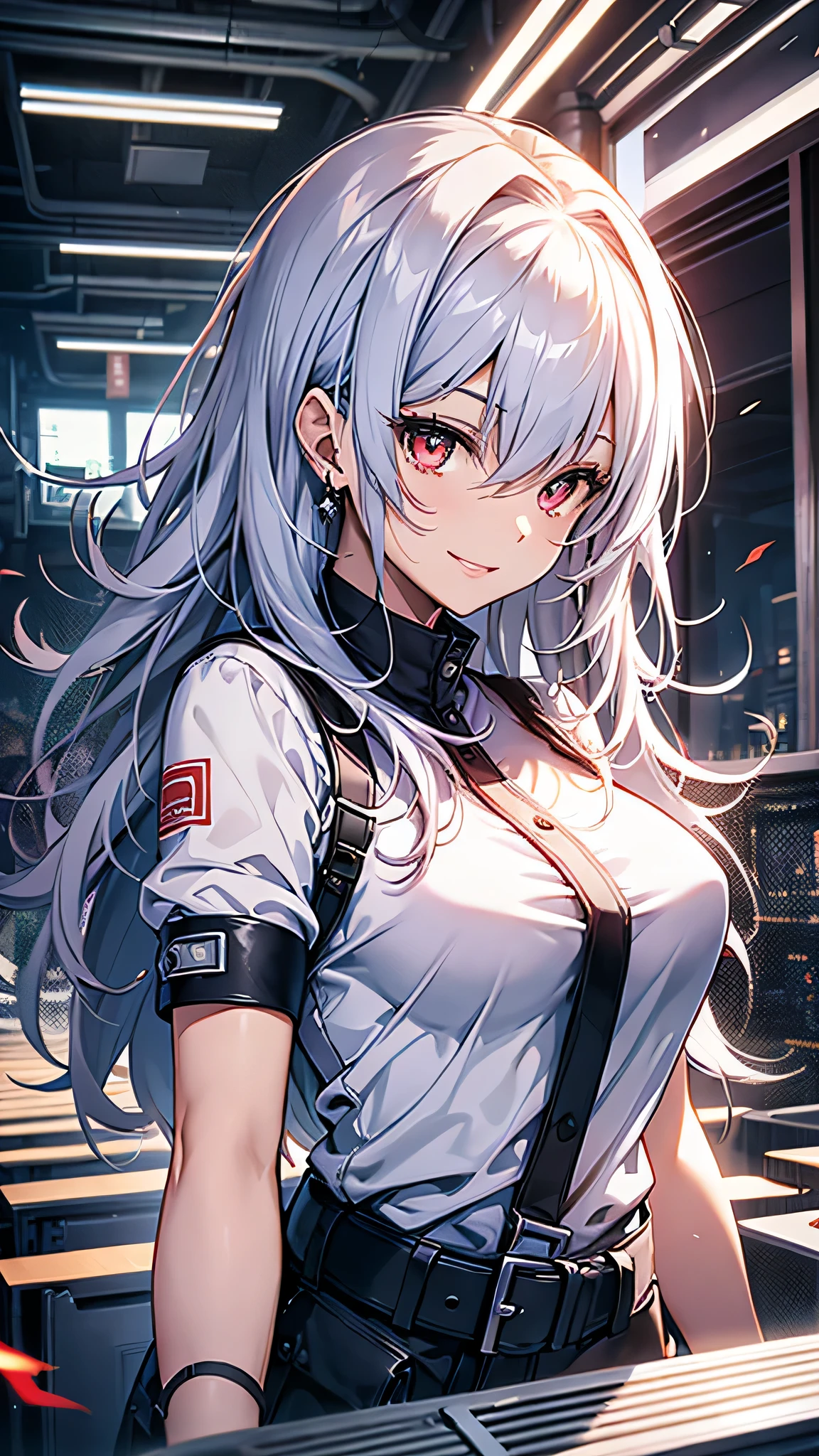 最high quality、Best image quality、masterpiece、girl((18-year-old、 By becoming、Best Bust、Medium Bust,Wide open breast tea、red glowing eyes,Silver Hair、Disheveled Hair、Long Hair、thin,The highest valley、Open chest、White wristband、smile、hair ornamentany accessories、white see-through shirt、gal style)),high quality、Beautiful art、background((Stylish office district))、Flight、Flying debris、Written boundary depth、movie、Visual Arts、Perfect art、8K,Genuine、