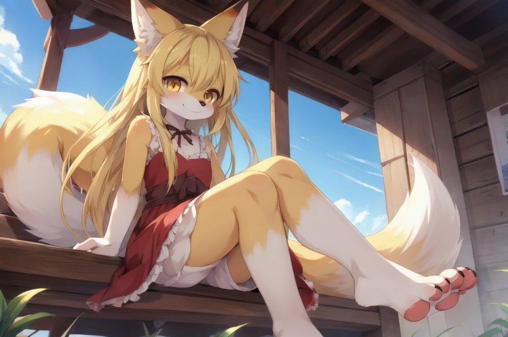 cute fox girl, beautiful anime foxgirl, very beautiful anime fox girl, kawaii, detailed digital anime art, 8k high quality detailed art, on pixiv, yellow body,anthro,sitting,looking for viewer,2legs,2foots,yellow hair,long hair,yellow eyes,dress