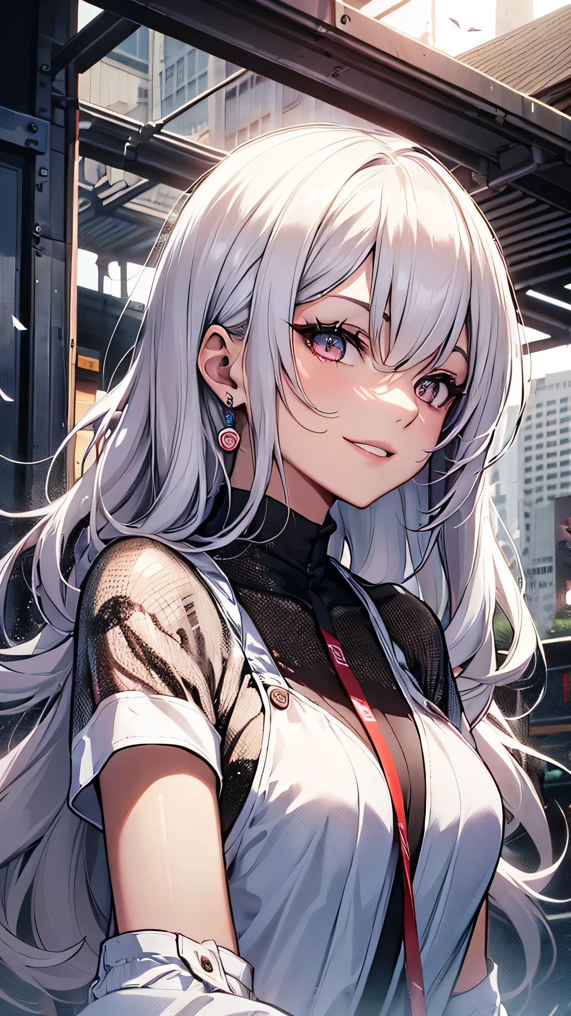 最high quality、Best image quality、masterpiece、girl((18-year-old、 By becoming、Best Bust、Medium Bust,Wide open breast tea、red glowing eyes,Silver Hair、Disheveled Hair、Long Hair、thin,The highest valley、Open chest、White wristband、smile、hair ornamentany accessories、white see-through shirt、gal style)),high quality、Beautiful art、background((Stylish office district))、Flight、Flying debris、Written boundary depth、movie、Visual Arts、Perfect art、8K,Genuine、