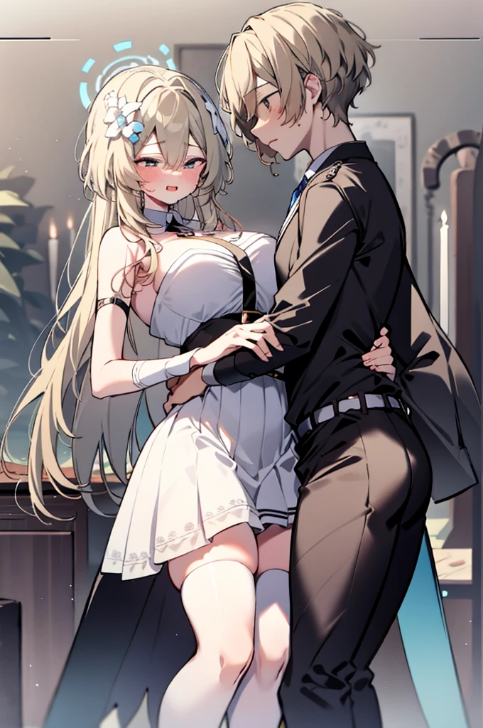 ４ｋ、Super detailed、Official Art、Luminedef、Angel Wings、Angel Halo、stockings、Sacred atmosphere、Religious motifs、skyline、White wings growing on his back、blush、Long Breasts、Big Breasts、（Perfect Face，Perfect Eyes），Huge  ， excited man、Surrounded by men、Fingers dig into my chest、Lift the chest、,Hands on the crotch，Sexually excited boy、Trance、Joy、Provocative look with man、Man grabs woman'Sweaty hands on my waist、、Brainwashed、Painful expression、My clothes are wet and transparent
