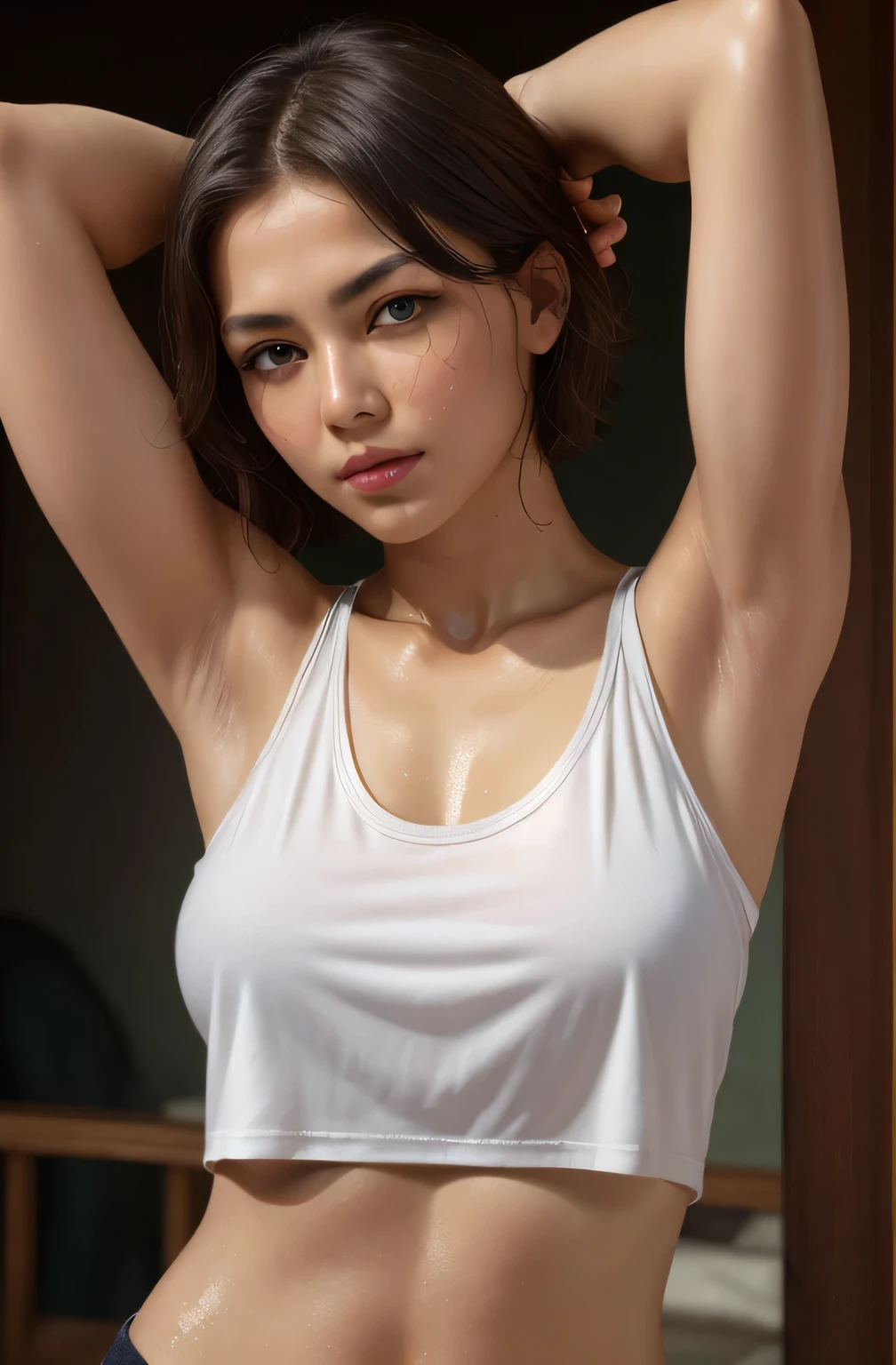 (Ultra Real), (figure), (High resolution), (8k), (very detailed), (Best figure), (Detailed and beautiful eyes), (highest quality), (Ultra-detailed), (masterpiece), (wallpaper), (Detailed face), Droopy eyes, Sweaty, Upper body close-up, Underarm, short hair, Inner Color, A girl wearing a simple white tank top, Beautiful Japanese, Dark Eyes,,((Raise your arms behind your head))