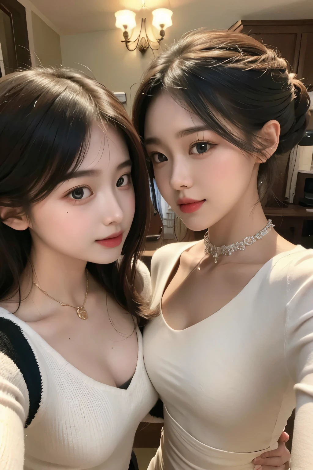 ((best quality)), ((masterpiece)), (detailed), (매우 detailed 얼굴 표현), perfect face, multi color costumes, 2 women, Twins,Madison Beer, without makeup, Profile picture, Use Instagram Filters, Subtle soft and dim light, perfect face, julia sardinian, perfect hands, Random Actions, Full-body view, fullbody, wall full of decorations,