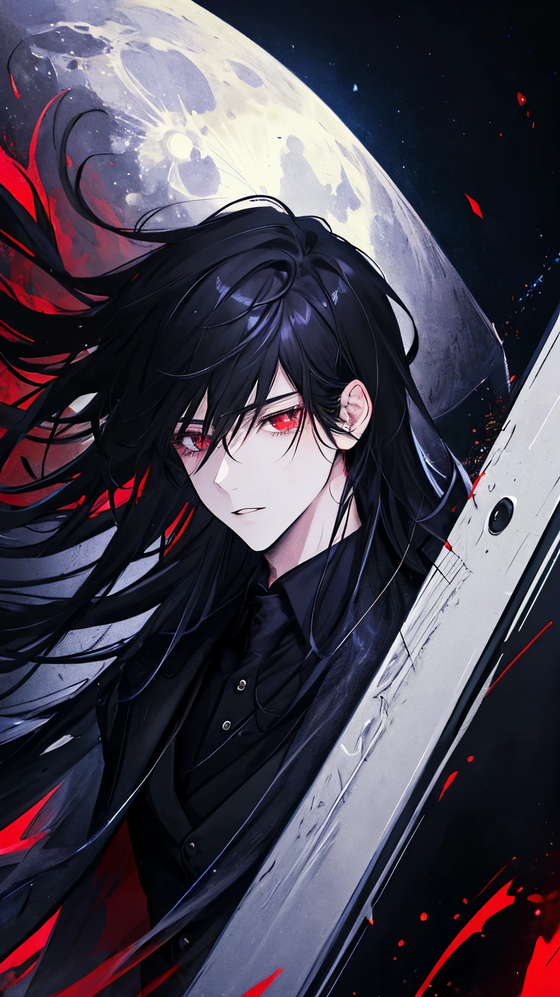 (best quality), masterpiece,Ultra Detailed,1man，Masculinity，a black-haired，Long hair，Red Eyes，Gorgeous dark atmosphere, Wear a black suit，Late Night, moon