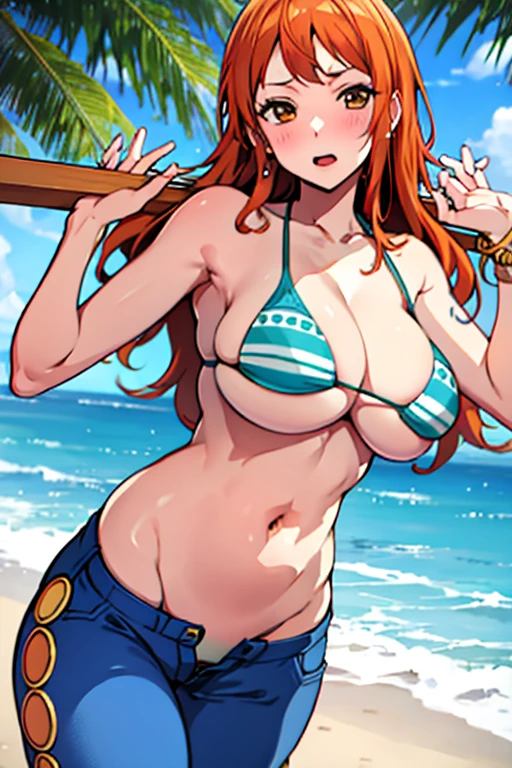 Nami de One piece, Nami com um biquini laranja, Nami with brown jeans, pants at groin height, pants falling, Nami is taking off her bikini, Nami parece envergonhada, Grandes seios, seios enormes, the bikini is too small for the breasts, underboobs, tirando a roupa