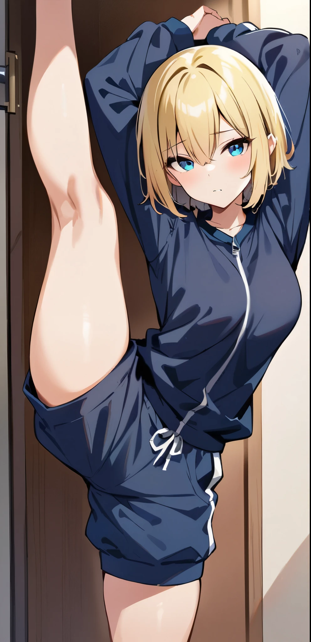 (masterpiece, highest quality:1.2), One girl, alone,Are standing_Split,
Blonde,Blue Eyes,short hair,Gym suit,Navy blue bloomers,Wrinkles in clothes