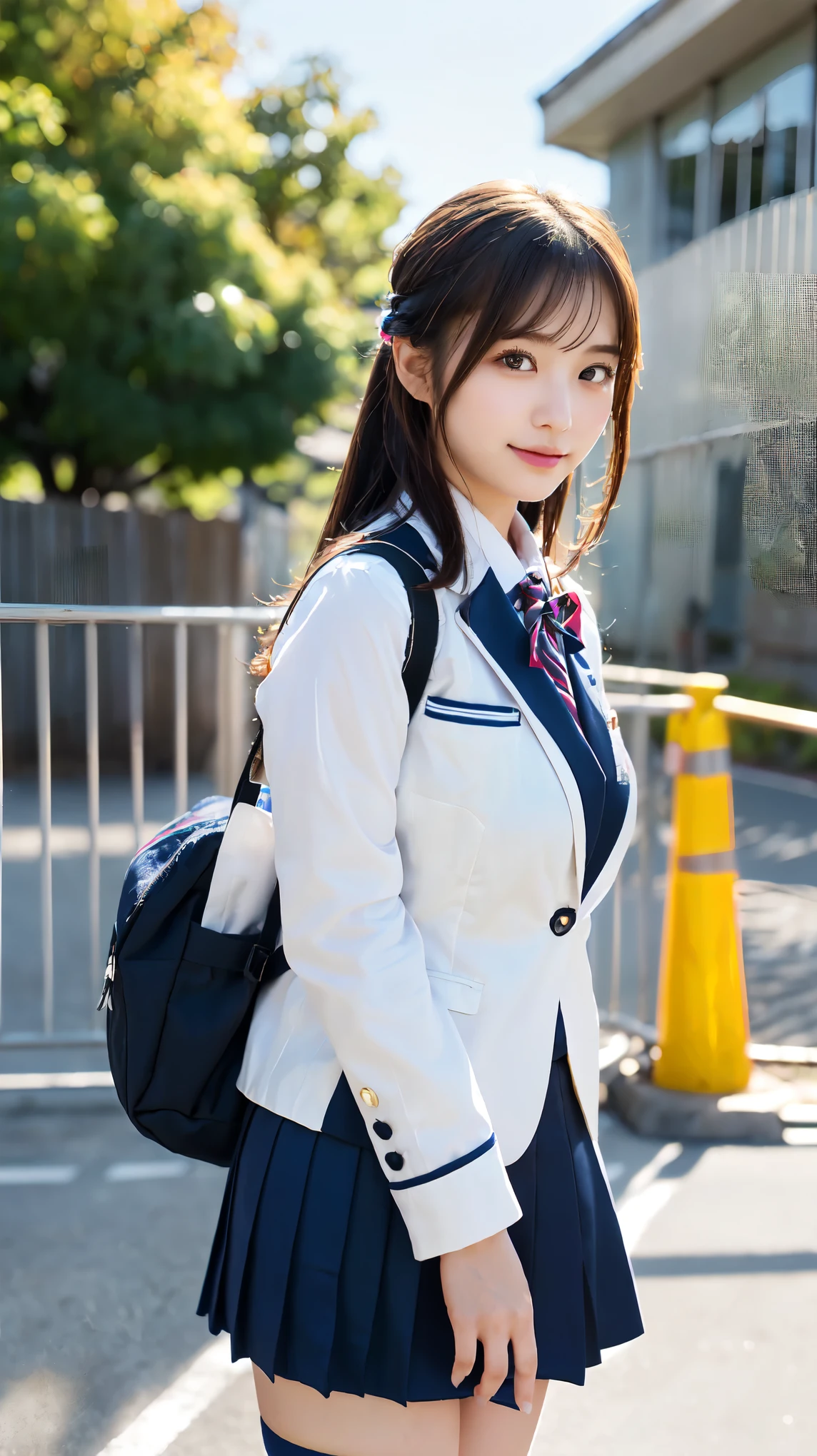 Tall Girl, , cute, Cityscape, Dark brown hair,Ponytail hairstyle, Beautiful well-groomed eyes、((double eyelid))、 (((school uniform、blazer、Long-sleeved shirts worn by Japanese high school girls、Ribbon tie、Dark blue mini skirt,、Dark blue socks、Black Loafers))), (Clear Face), (Detailed facial depiction), (Detailed eyes)、Thin clavicle、((Slender))、((A proper idol))、((school gate、Schoolyard、With the school building in the background))、(Take photos from random perspectives)、A sloppy smile、Drawing the whole body from the knees、Don't draw thin lines、(((Sports bags popular among Japanese female students)))、(Big big breasts with big drooping:1.2)、Big toned buttocks、bare hands、(((Symmetrical eyes)))、Standing pose、Please do not remove the tie from the jacket、Lift your butt:1.5,Official Art,Highly detailed CG Unity 8k wallpaper, (masterpiece:1.0),(highest quality:1.0), photo shoot, 8k, Browsing Caution, High resolution, Kodak Portrait 400, Film Grain, Lens flare brilliance,View your viewers