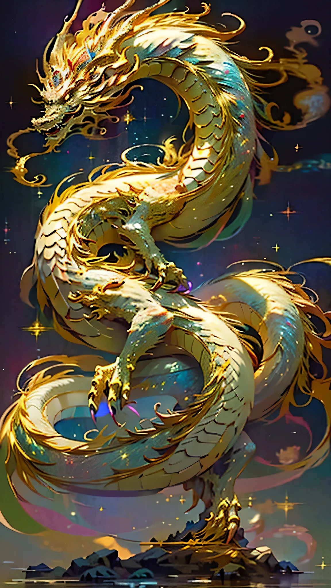 Golden Dragon descending from the heavens, rainbow glowing scales shimmering under the divine light. The majestic dragon god, with its grandeur and power, splashes gold onto the milky way background, leaving a trail of awe-inspiring brilliance. Redbeard gazes straight ahead, his piercing gaze unwavering, as he proudly stands front-facing, ready to announce his golden presence to the world.