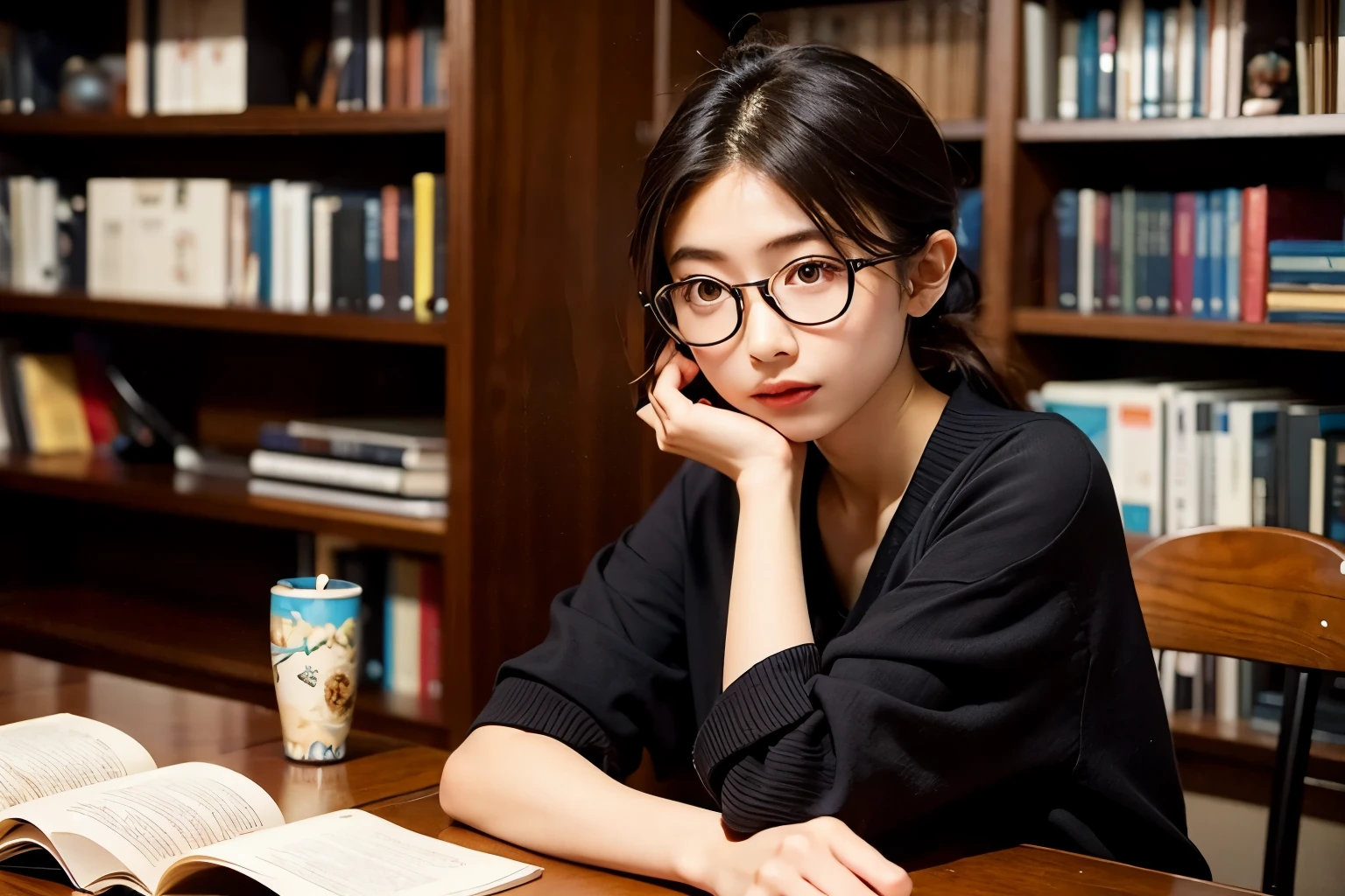 (Ogawa Noriko), Wearing thick-framed glasses、Please generate an image of a female fashion model who is modest but has a college student-like atmosphere.。Make sure she looks intelligent and calm.。The frames of the glasses are thick、It is a design with a strong presence、It suits her face well。Her clothes are simple and modest、Uses subdued colors and patterns。Imagine she is in a location such as a college campus or a library.。In the background, the university's distinctive buildings and bookshelves are placed.、Expresses the atmosphere of college life。Her facial expressions and poses are natural.、Show that you are serious about your studies。The generated image is、Suitable for university-related advertisements and image campaigns。