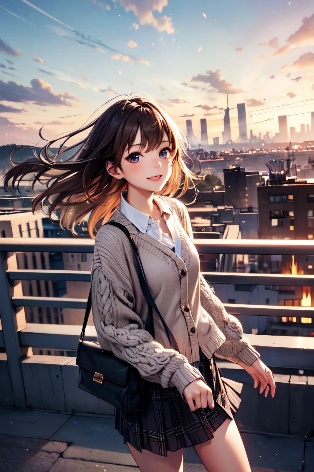 very cute and beautiful girl,,(highly detailed beautiful face and eyes),(gray blouse),(smile),
cowboy shot,(red cardigan:1.2),long sleeve BREAK zettai ryouiki,(brown shoulder bag),(plaid brown mini skirt:1.3),
walking,stylish pose,wavy hair,black hair,(black boots),
(Yokohama:1.2),(port town,cityscape overview:1.2),detailed landscape,
(best quality,masterpiece:1.0),absurdres,highres,ultra-detailed,extremely detailed,32k,8k resolution,
intricate details,cinematic scene,detailed background,solo,dynamic angle,
hair fluttering in the wind,beautiful detailed sky,