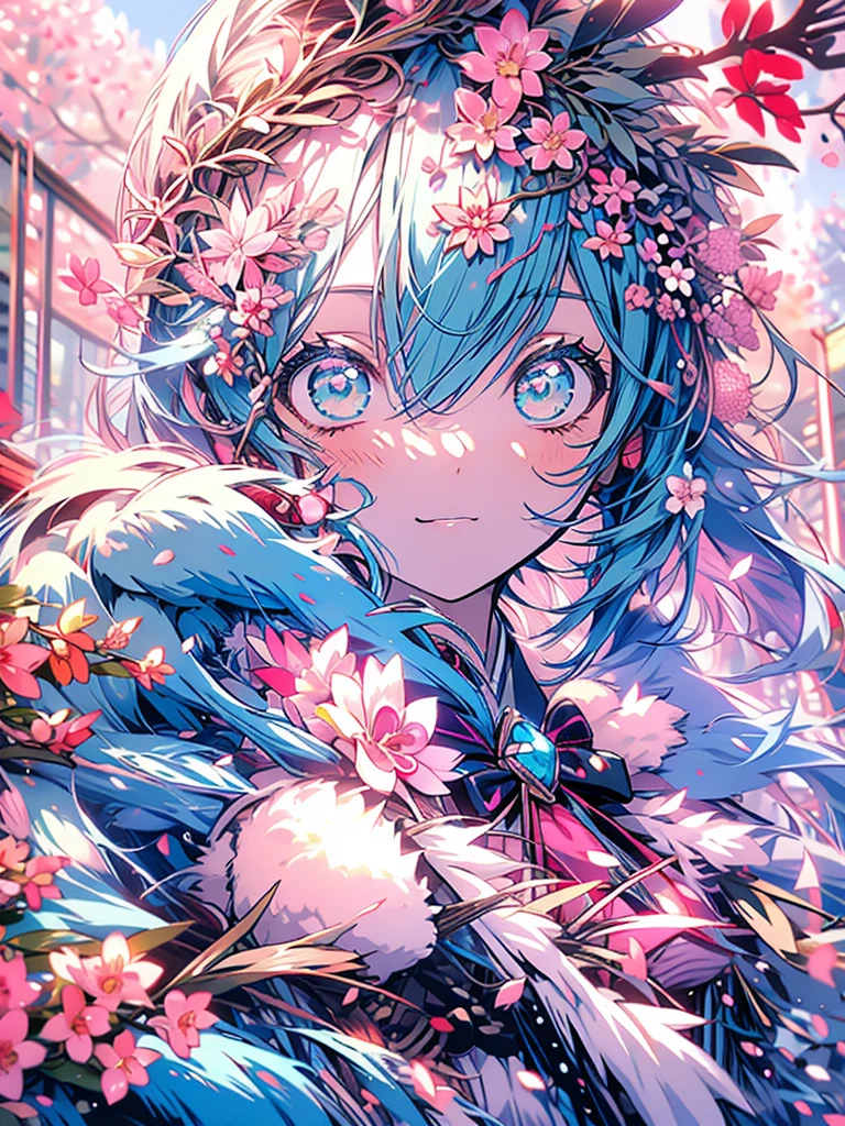 highest quality、masterpiece、anime girl、Hatsune Miku、pink hair、Cherry hair ornament、cherry blossom background、