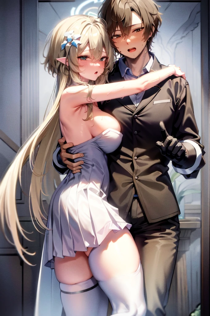 ４ｋ、Super detailed、Official Art、Luminedef、Angel Wings、Angel Halo、stockings、Sacred atmosphere、Religious motifs、skyline、White wings growing on his back、blush、Long Breasts、Big Breasts、（Perfect Face，Perfect Eyes），Huge breasts ，Sexually excited man、Surrounded by men、Fingers dig into my chest、Lift the chest、,Hands on the crotch，Sexually excited boy、Trance、Joy、Provocative look with man、Man grabs woman&#39;Sweaty hands on my waist、、Brainwashed、Painful expression、My clothes are wet and transparent