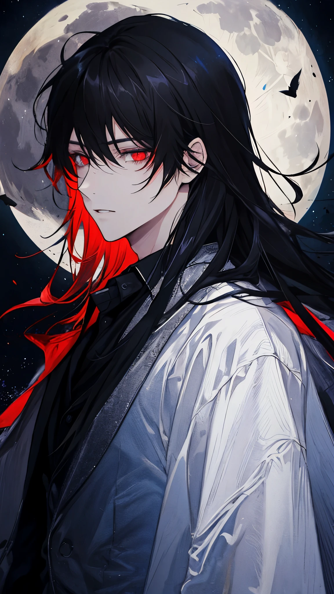 (best quality), masterpiece,Ultra Detailed,1man,Masculinity,a black-haired,Long hair,Red Eyes,Gorgeous dark atmosphere, Wear a black suit,Late Night, moon