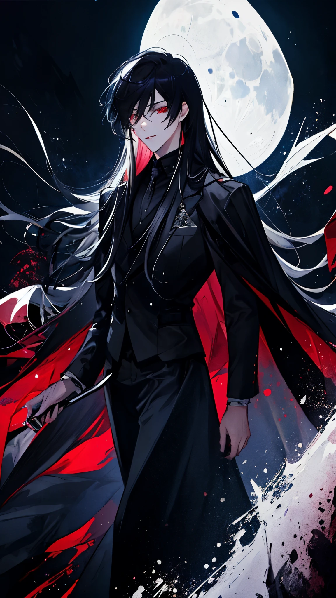 (best quality), masterpiece,Ultra Detailed,1man,Masculinity,a black-haired,Long hair,Red Eyes,Gorgeous dark atmosphere, Wear a black suit,Late Night, moon