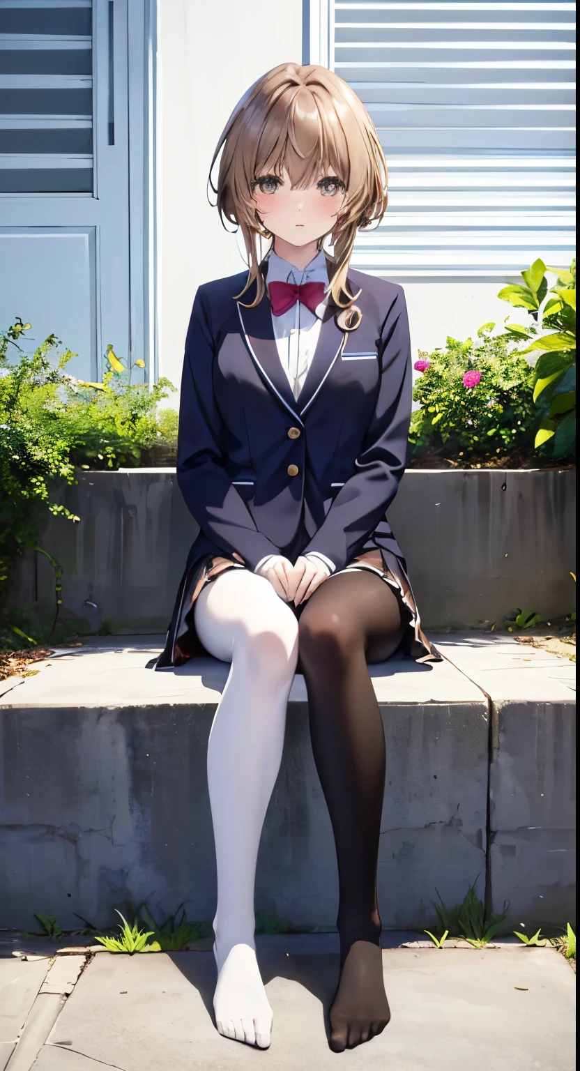 highest quality, masterpiece, High resolution, (Head to Toe full body), front, frontやや下からの構図, Symmetric, 18 year old tall girl, alone, (Head to Toe), (Small breasts), Unkempt brown hair, bangs, (black tights), (Black Pantyhose), (Sit with your legs apart), (Crouching pose), (Composition depicting white panties), (Her legs were spread、I see your white pants.), (I was made to sit on the floor with my legs spread...), (M-shaped feet), Thin legs, A very beautiful and tall 18 year old girl, (No shoes), blush, Shy big eyes, Looking at the camera, Blazer uniform, Checkered Pleated Skirt