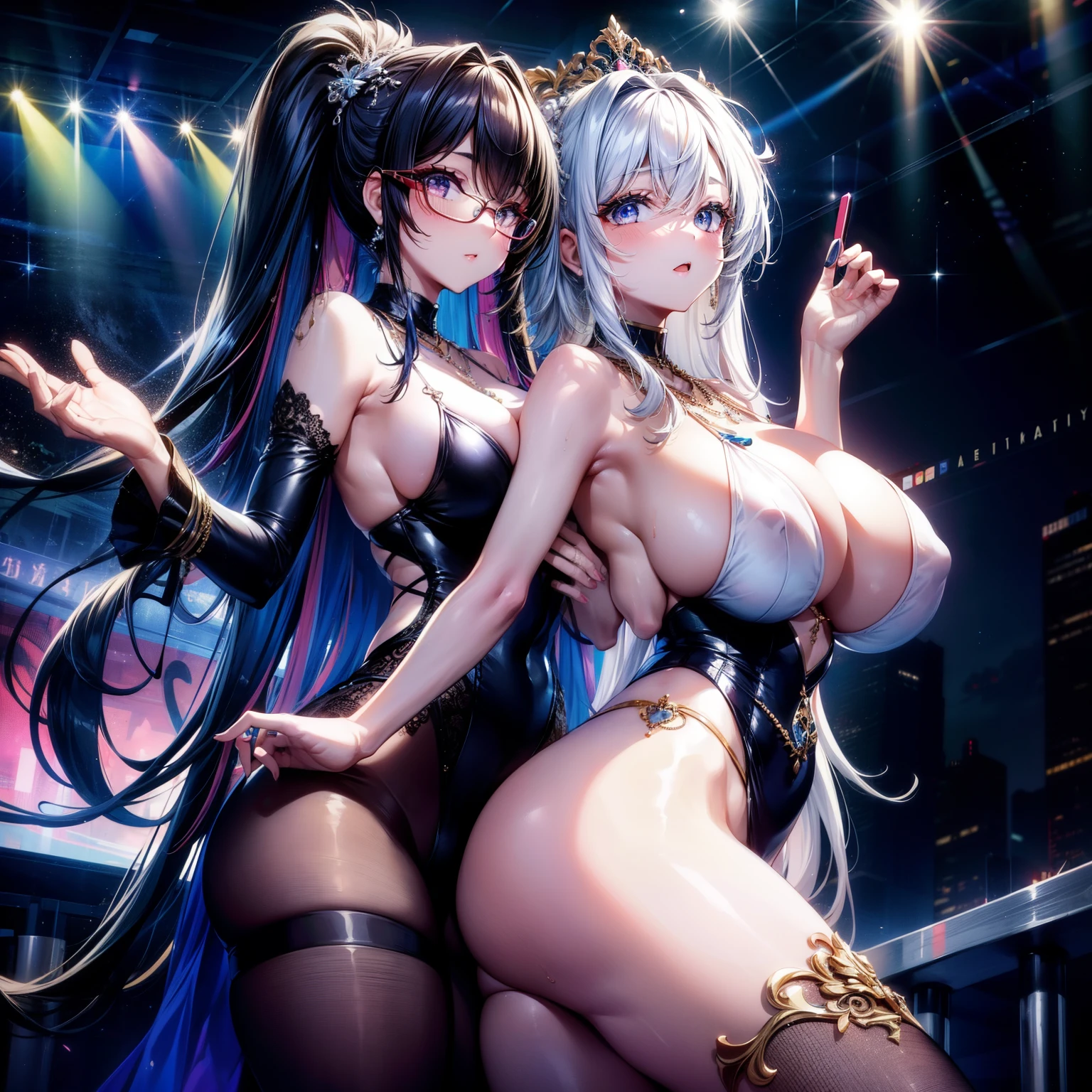 （8k ，Ultra Detailed，The best masterpiece，nature，Perfect work of art，Perfect female body），Two Women，Sister and younger sister， sisters，Rainbow hair，Perfect face，（huge ），Neighbor&#39;s Wife，woman hairstyle，elegant wife，Exquisite and inspiring ，20 years old，White skin，Messy hair，Perfect sexy body，Tone，flirtatious，Very large ，Yao Liu，Big butt very detailed，young beautiful teacher，teacher，wear glasses，Dance in a nightclub，Detail background，necklace，Perfect eyes，，T-shaped small size，huge big