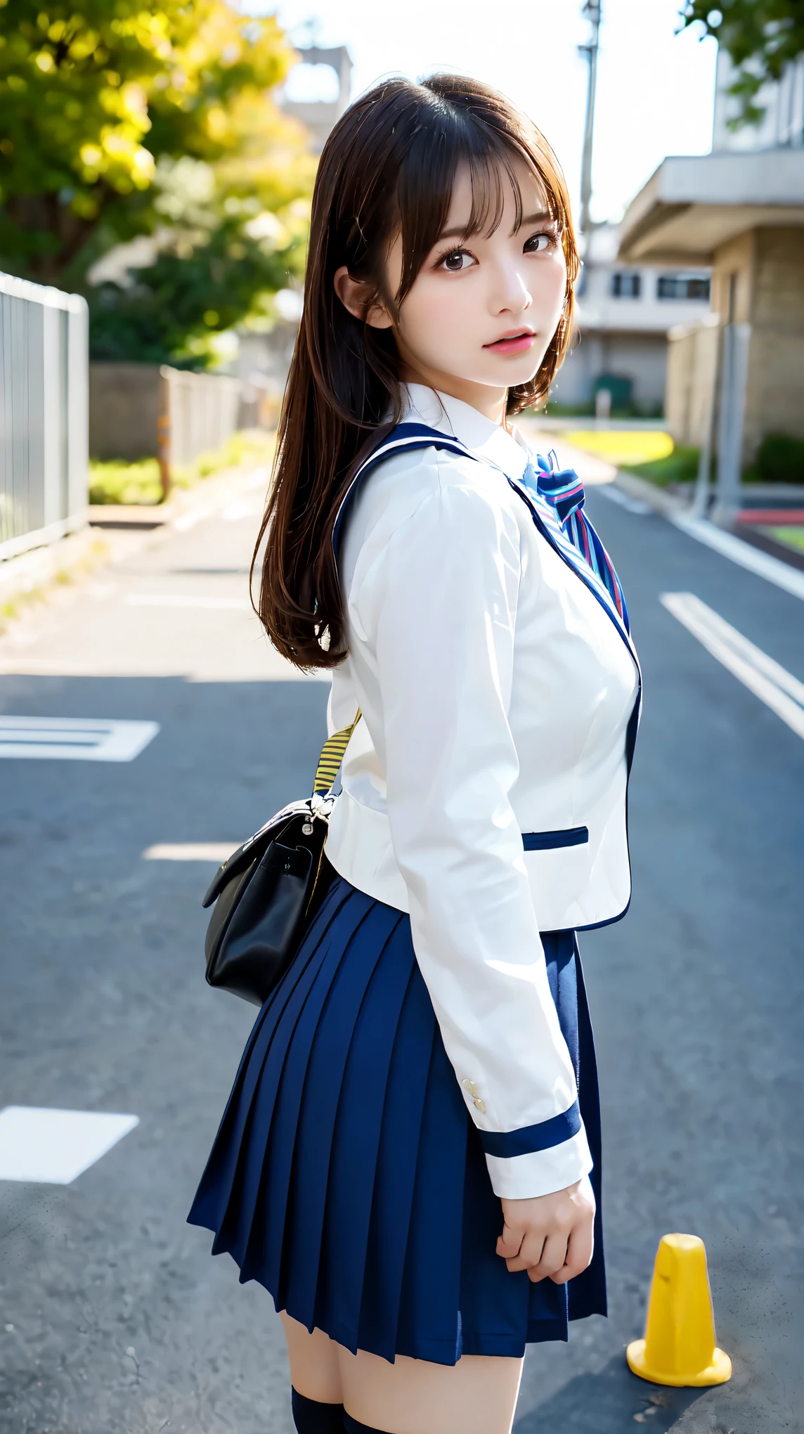 Tall Girl, , cute, Cityscape, Dark brown hair,Ponytail hairstyle, Beautiful well-groomed eyes、((double eyelid))、 (((school uniform、blazer、Long-sleeved shirts worn by Japanese high school girls、Ribbon tie、Dark blue mini skirt,、Dark blue socks、Black Loafers))), (Clear Face), (Detailed facial depiction), (Detailed eyes)、Thin clavicle、((Slender))、((A proper idol))、((school gate、Schoolyard、With the school building in the background))、(Take photos from random perspectives)、Drawing the whole body from the knees、Don&#39;t draw thin lines、(((Sports bags popular among Japanese female students)))、(Big big breasts with big drooping:1.2)、Big toned buttocks、bare hands、(((Symmetrical eyes)))、Standing pose、Please do not remove the tie from the jacket、Lift your butt:1.5，Official Art，Highly detailed CG Unity 8k wallpaper, (masterpiece:1.0),(highest quality:1.0), photo shoot, 8k, Browsing Caution, High resolution, Kodak Portrait 400, Film Grain, Lens flare brilliance,View your viewers