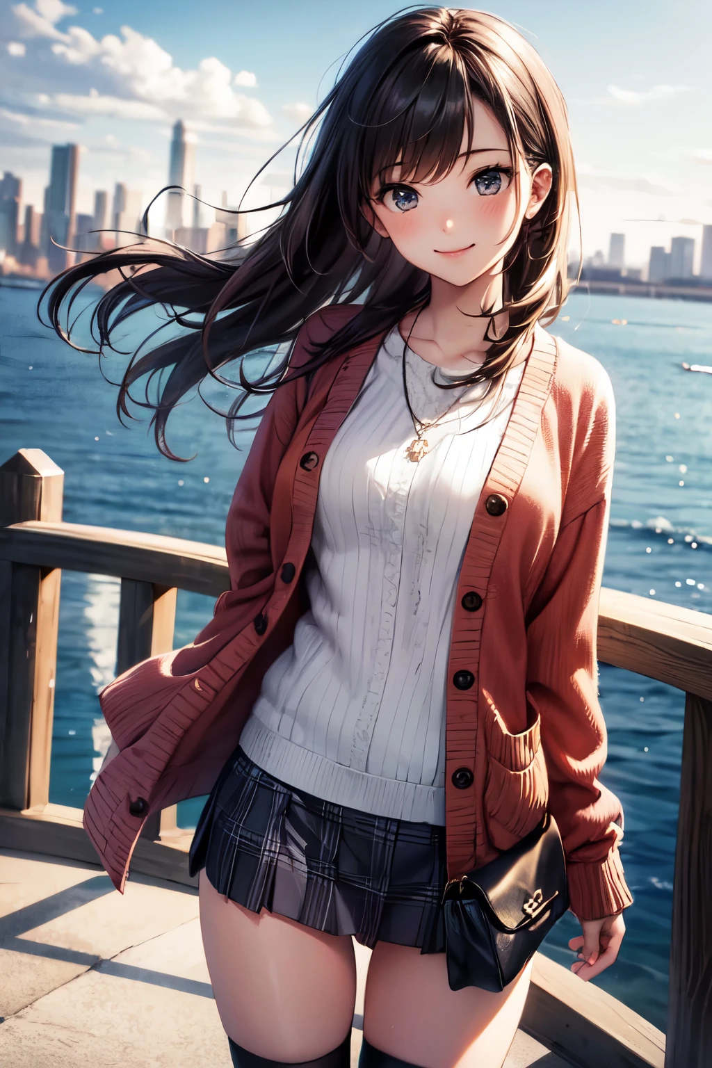 very cute and beautiful girl,(highly detailed beautiful face and eyes),(gray blouse),(smile),
cowboy shot,(red cardigan:1.2),long sleeve BREAK zettai ryouiki,(brown shoulder bag),(plaid brown mini skirt:1.3),
walking,stylish pose,wavy hair,black hair,(black boots),
(Yokohama:1.2),(port town,cityscape overview:1.2),detailed landscape,
(best quality,masterpiece:1.0),absurdres,highres,ultra-detailed,extremely detailed,32k,8k resolution,
intricate details,cinematic scene,detailed background,solo,dynamic angle,
hair fluttering in the wind,beautiful detailed sky,