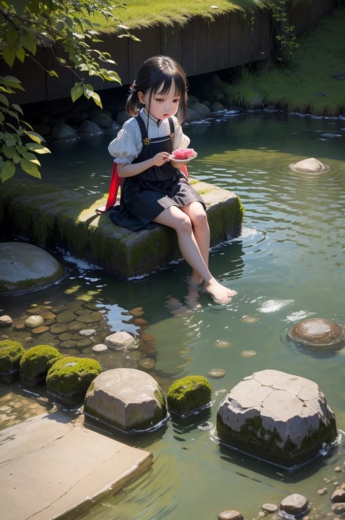 Raw photo、Beautiful Chinese girl at ,I'm sitting on the porch, Look at the camera,、Shows a beautiful Chinese girl at 6 years oldd、 Wearing a sober cheongsam with a Chinese motif,Old folk house around the 19th century、A slightly brown and muddy river、The girl is、I'm putting my feet in the water of the river、Ephemeral、Fantastical、Like watercolor、Girl looks at her toes、 Weak contrast between light and shadow, Distortion light ratio, myst, myst, Plastic wrap, In romantic style, Stylish market style, Works by Haru Kikuchi, Abstract markup, Ultra HD Images, close-up, Fujifilm camera, More about Ultra HD, Ultra HD skin texture, Octagon rendering --ar 3:4 --s 750 --v 5.2 - Style Raw