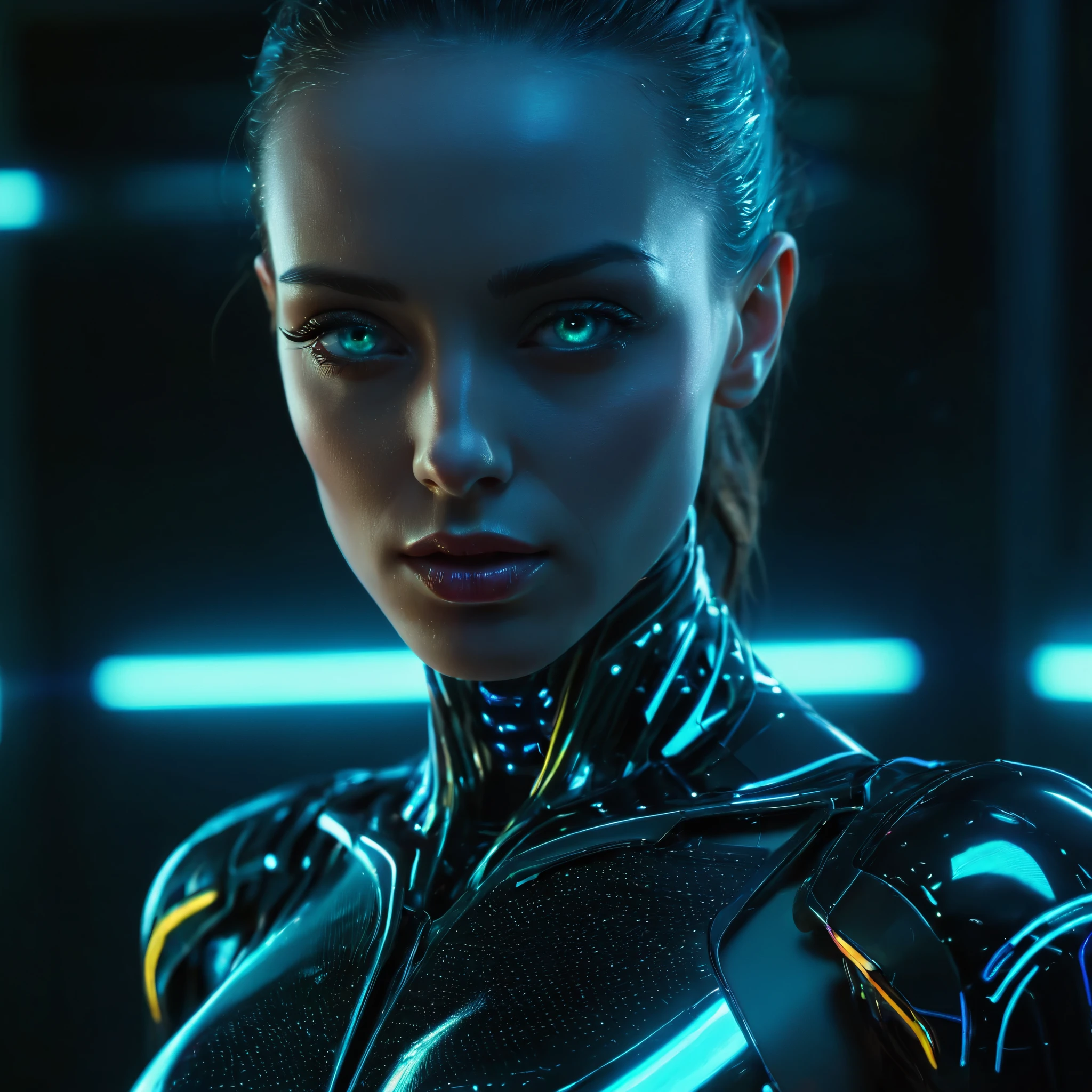 (Highest Quality,4k,8k,Hi-Res,Masterpiece:1.2), Ultra-Detailed, (Realistic,Photorealistic,Photorealistic:1. 37), Highest Quality, Ultra-Detailed, Portrait, World's most beautiful killer android, the latest terminator for assassinating important people, Beautiful detailed eyes reflecting light, Beautiful detailed lips, Long eyelashes, Robot, pale skin, blue glowing light, shiny metal surface, highly detailed facial features, glossy finish, futuristic, cutting edge technology, science fiction, expressionless, perfectly symmetrical face, dynamic lighting, subtle shadows, neon colors, cyberpunk, high contrast, sharp details, digital art, science fiction concept art, blurred background, strategic composition, striking visual impact, (NSFW:1.3)