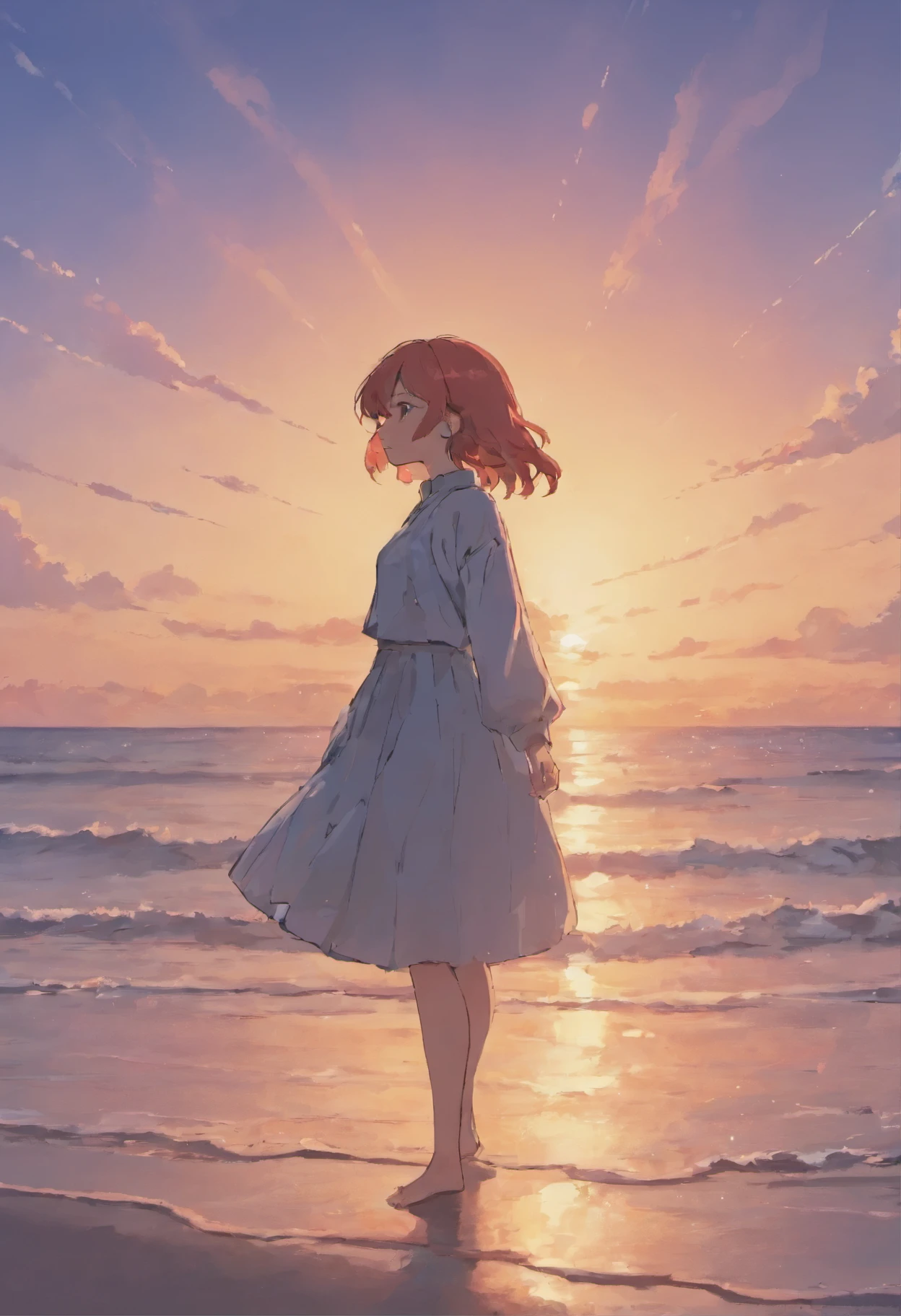 a woman standing on a beach looking at the sunset, digital art inspired by Cyril Rolando, tumblr, digital art, style of alena aenami, art of alena aenami, artistic. alena aenami, in style of cyril rolando, style of aenami alena, lofi artstyle, jen bartel, lofi girl, lofi art