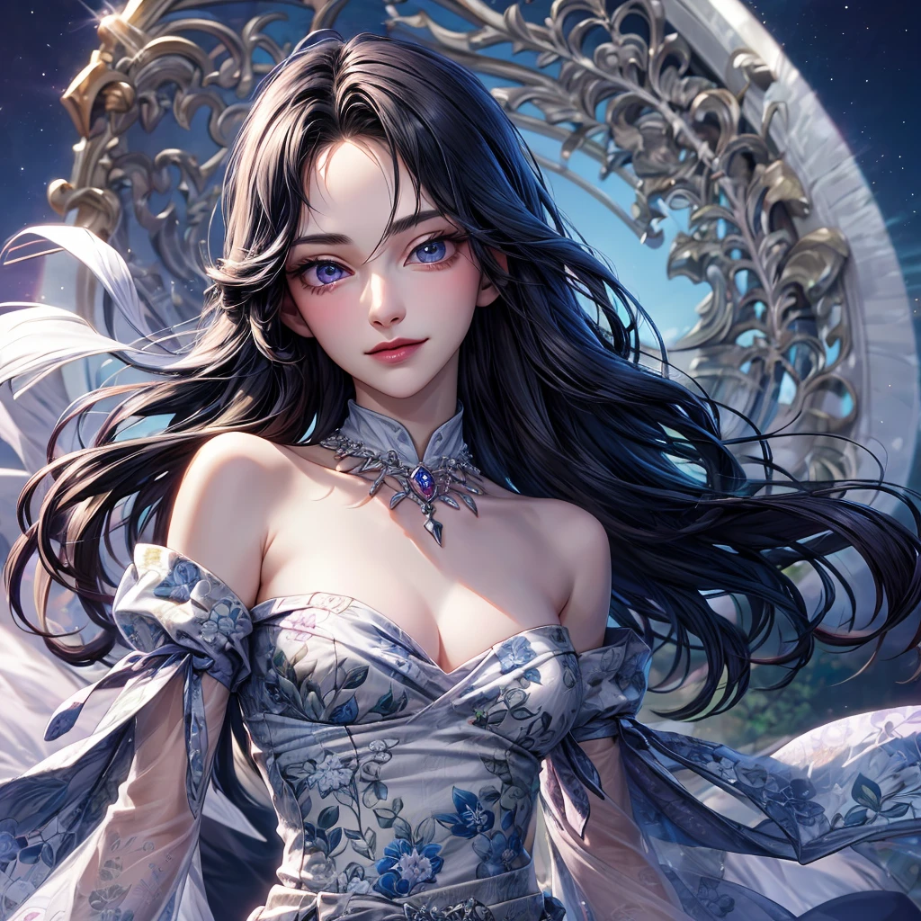 1 woman of 30 years old, {{{straight black very long hair}}} {black hair}, {{{pale blue eyes}}}, Pale purple floral print dress {exposed arms} cleavage, small smile {silver accessories}, magical forest, {best quality.}, {highreaasterpiece.}, {{{medium close up.}}}, {facing viewer}