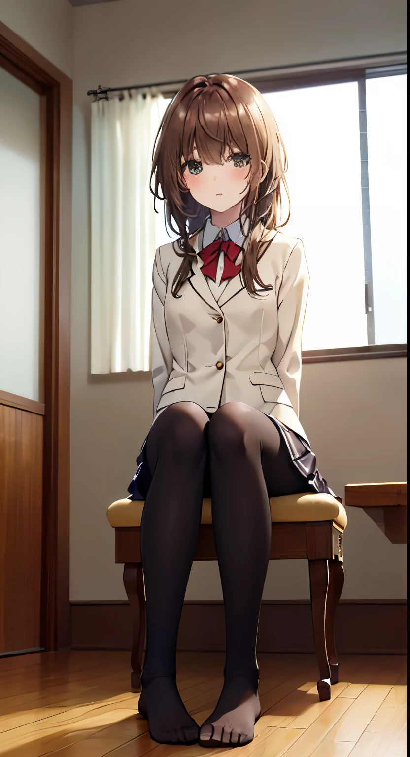 highest quality, masterpiece, High resolution, (Head to Toe full body), front, frontやや下からの構図, Symmetric, 18 year old tall girl, alone, (Head to Toe), (Small breasts), Unkempt brown hair, bangs, (black tights), (Black Pantyhose), (Sit with your legs apart), (Crouching pose), (Composition depicting white panties), (Her legs were spread、I see your white pants.), (I was made to sit on the floor with my legs spread...), (M-shaped feet), Thin legs, A very beautiful and tall 18 year old girl, (No shoes), blush, Shy big eyes, Looking at the camera, Blazer uniform, Checkered Pleated Skirt