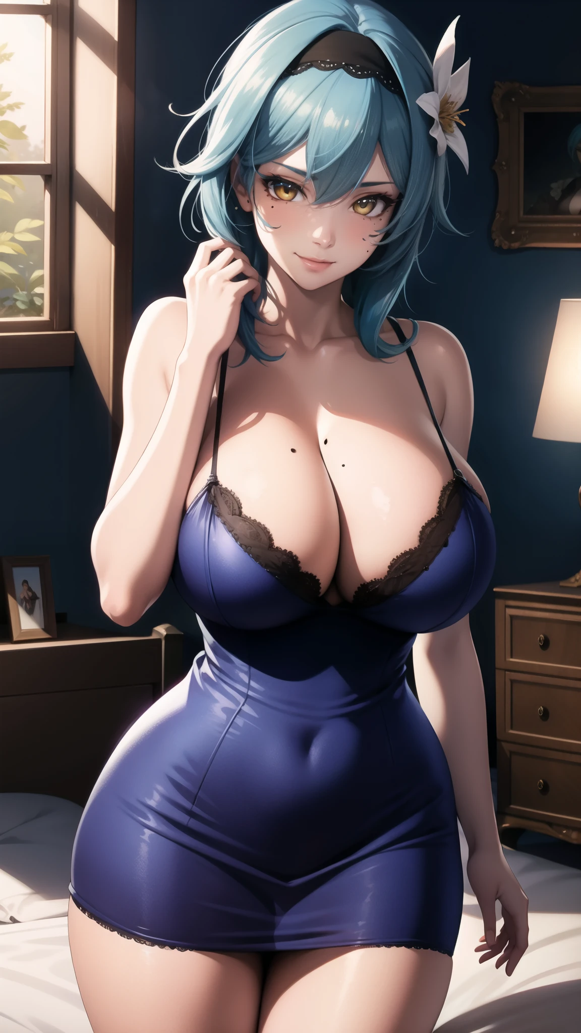 absurdres, highres, highly detailed, (official art, beautiful and aesthetic:1.2), ultra detail, beautiful face, mature women, ((mature body)), ((mature face)), 1women, Eula, black hairband, blue hair, hair ornament, hairband, short hair, yellow eyes, blushing, loving smile, wide hips, thicc thighs, ((cleavage)), big breasts, ((mole on breast)), ((sexy babydoll negligee)), ((seductive pose)), (bedroom), dynamic lighting, dynamic shadows, ((proportional body)), ((hands above head)), ((realistic texture)), (intricate), ((perfect eyes)), (beautiful eyes)