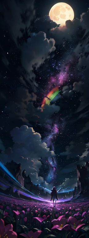 Vast landscape photography , (A view from below, with the sky above and the wide fields below), A girl standing in a flower field looking up, (full moon:1.2), ( shooting star:0.9), (nebula:1.3), Distant Mountain, Treebreak Production Art, (Warm light source:1.2), (fire Fly:1.2), lamp, Lots of purple and orange, Intricate details, Volumetric Lighting Break
(masterpiece:1.2), (highest quality), 4K, Very detailed, (Dynamic configuration:1.4), Very detailed, Colorful details,( Rainbow-colored:1.2), (Shining Lights, Atmospheric lighting), dream-like, Magic, (alone:1.2)