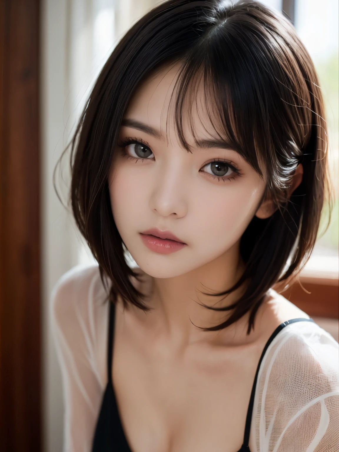 highest quality, figure, super detailed, finely, High resolution, 8k wallpaper, 完璧なダイナミックな構figure, detailed and beautiful eyes, Beautiful neck,medium hair,Upper body, naked、bold sexy pose,shyness,bedroom、crawl on all fours、20 year old girl、cute、sexy shot looking at camera