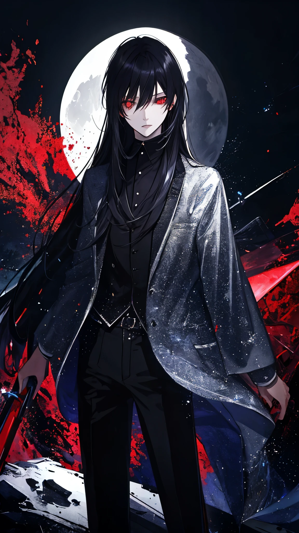 (best quality), masterpiece,Ultra Detailed,1man，Masculinity，a black-haired，Long hair，Red Eyes，Gorgeous dark atmosphere, Wear a black suit，Late Night, moon