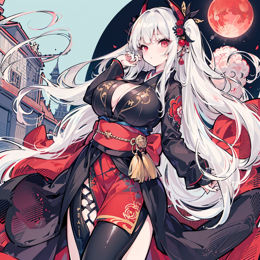 One girl, ((Colossal tits: 1.4)), ((Hi-Res)), ((masuter piece)), ((Best Quality)), (Very detailed)), Large file size, fulcolor, long white hair, Red Eyes, (eye line), Black rose pattern, Kimono,